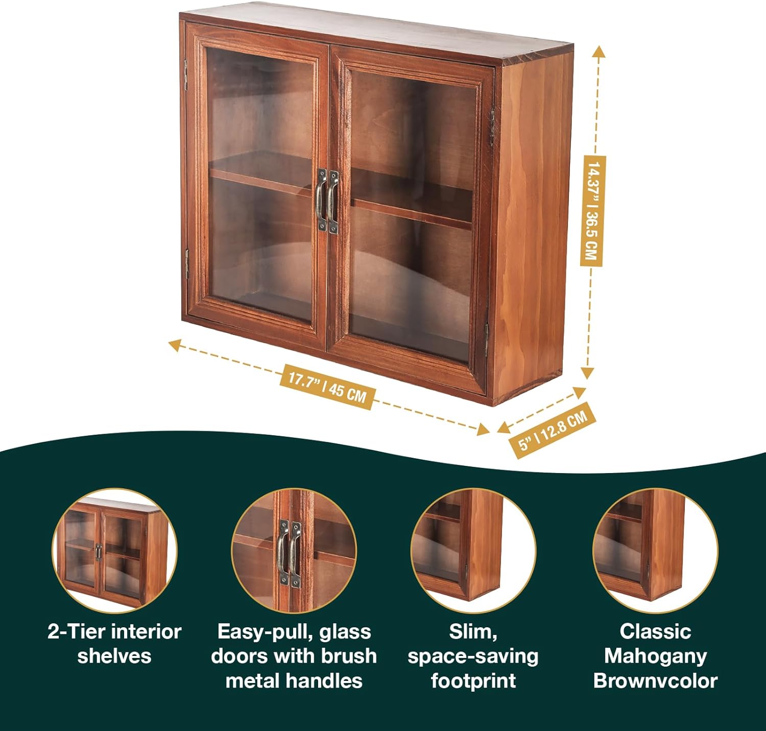 Cosmetics Display Cabinet with Clear Doors - 2-Level Wooden Tabletop Shelf Storage for Makeup, Perfumes, Skincare - Mahogany Wood Vanity Shelf Display Case - Mini Kitchen Cupboard