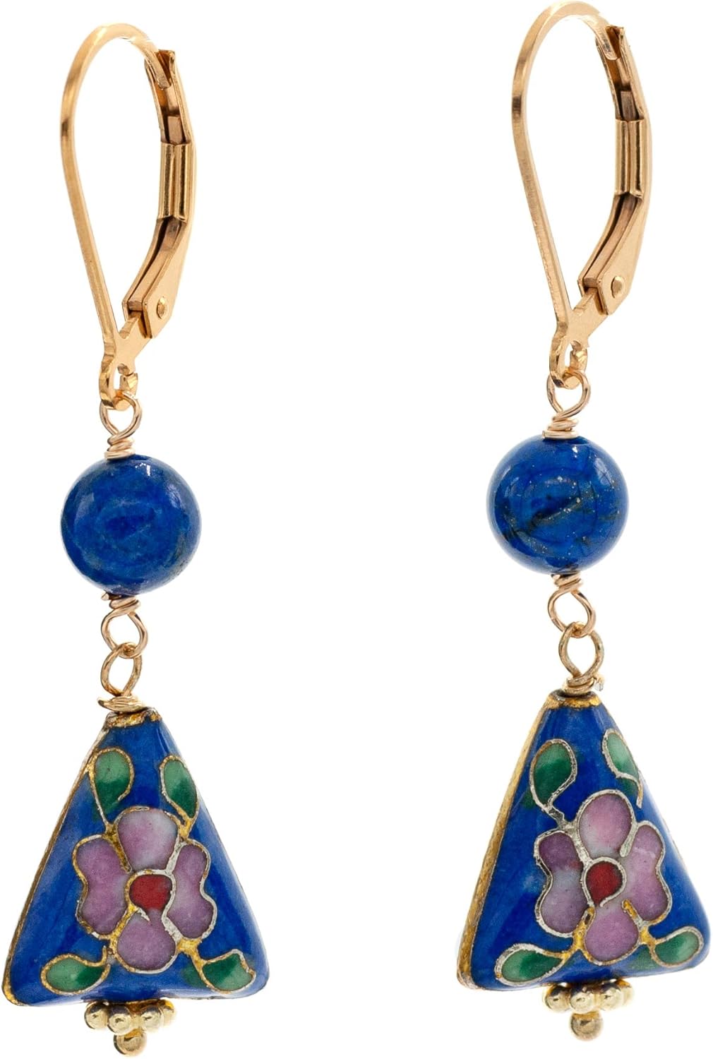 14k Gold-Filled Triangular Floral Enameled Cloisonne and Gemstone Drop Earrings