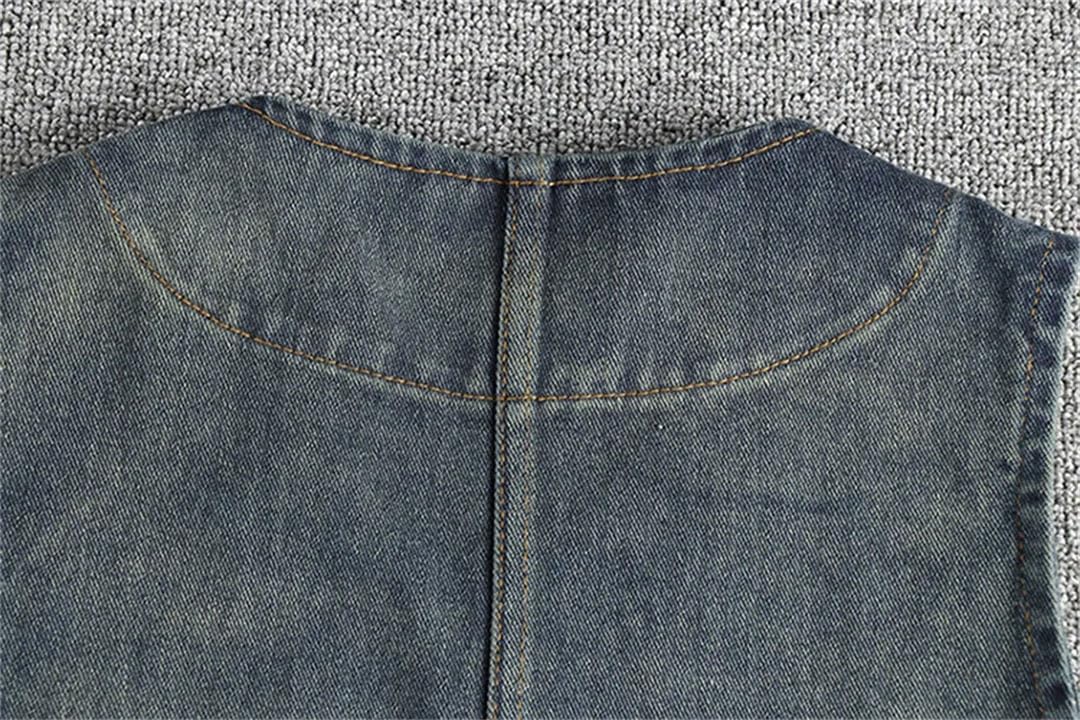 Gilet da uomo in denim stile retrò invecchiato senza maniche con design multi-tasca