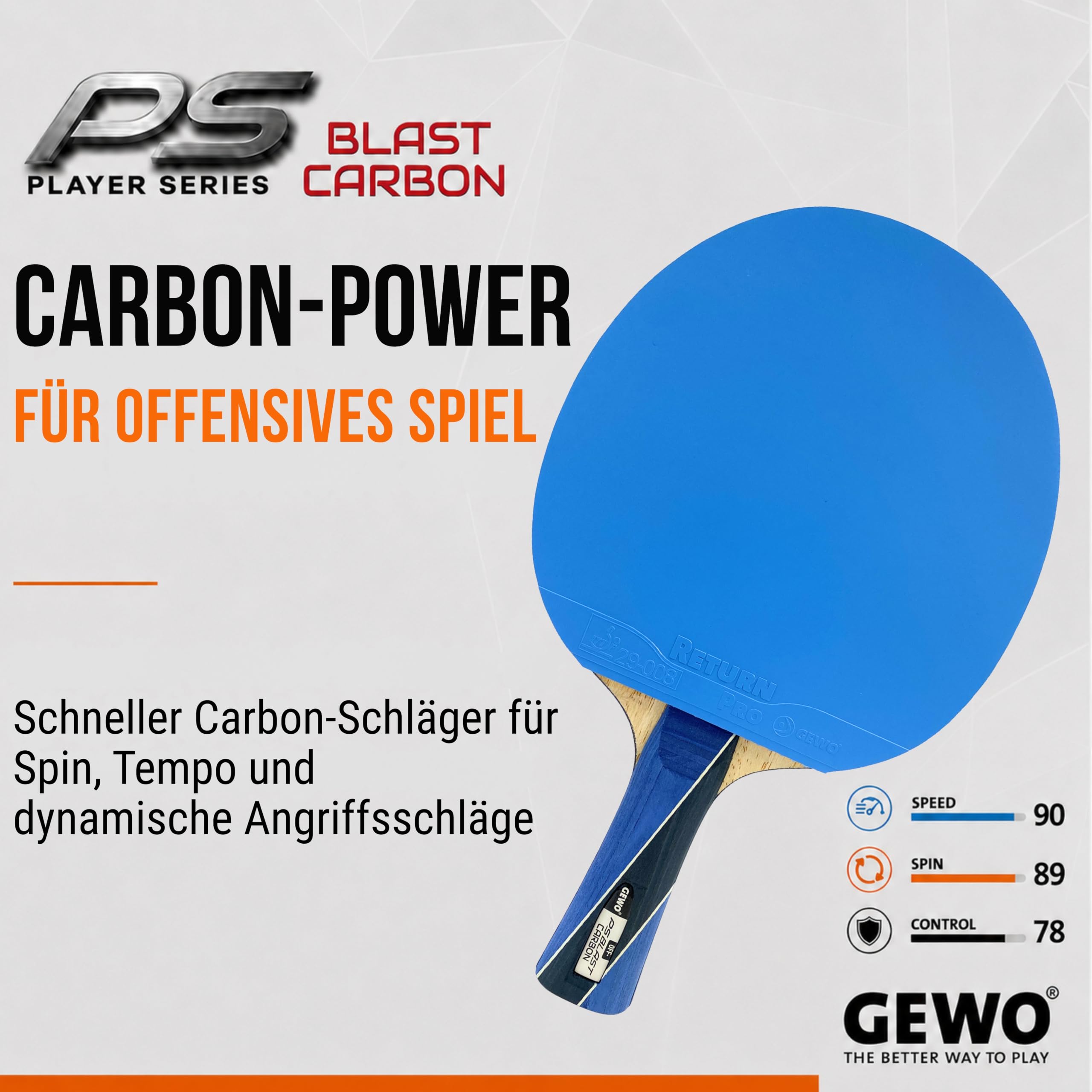GEWO PS Blast Carbon Tischtennisschläger - ITTF genehmigter Profi-Tischtennisschläger, Carbon-Schläger mit schnellem Belag GEWO Return Pro und hohen Rotationseigenschaften, konkav, 1,8mm Schwamm