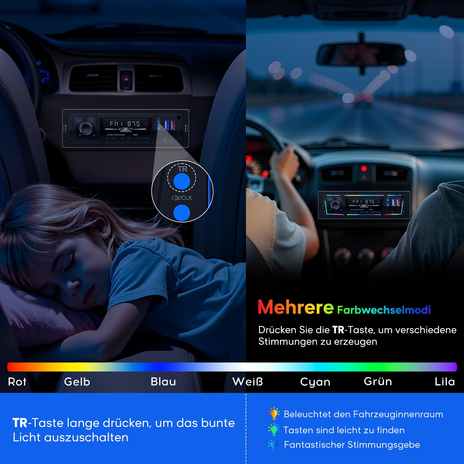 RDS Autoradio Bluetooth, CENXINY Autoradio mit Type-C-Ladeanschluss, Mehreren Beleuchtungsmodi,FM/AM Fernbedienung/2USB/AUX/SD/MP3-Player/DSP/EQ