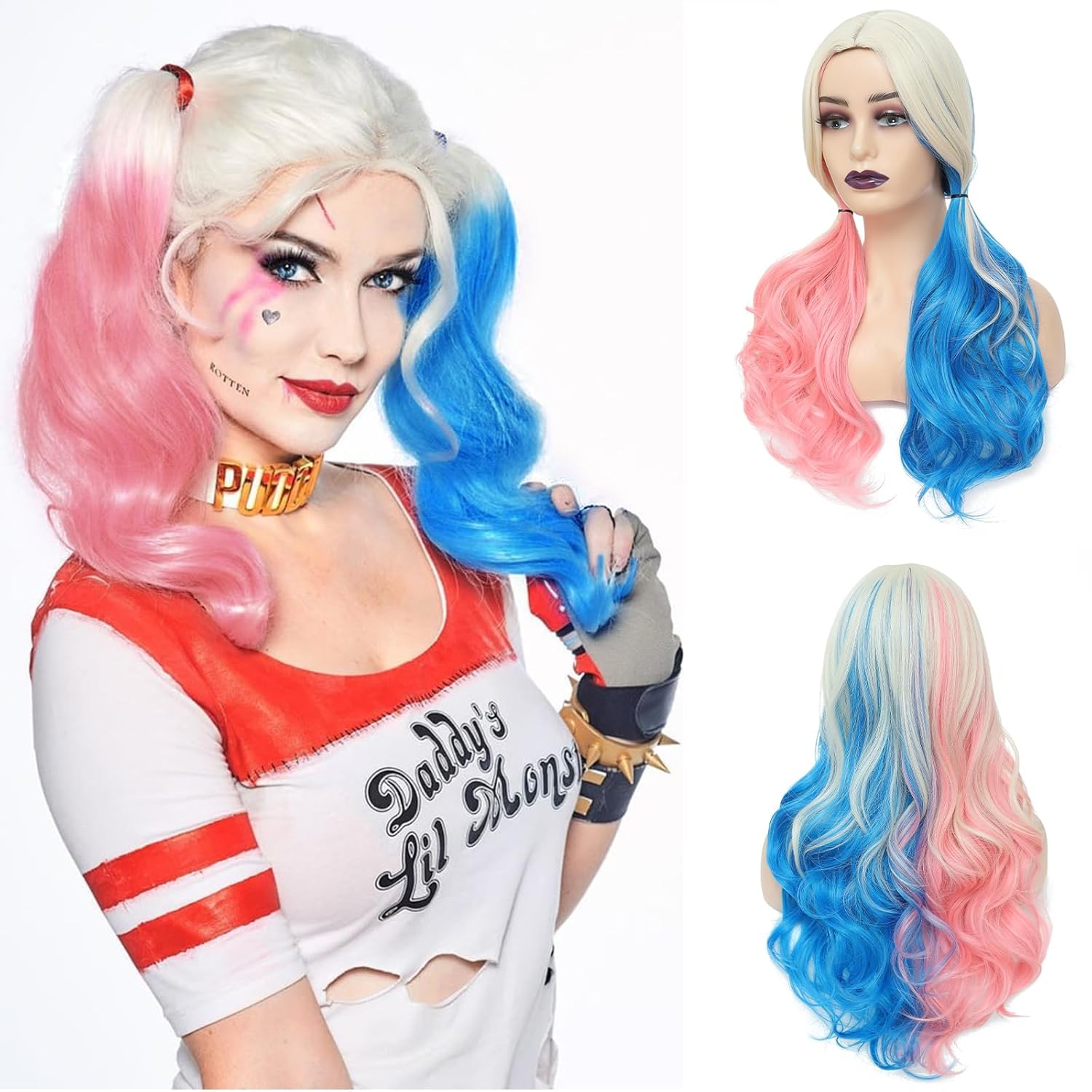 Harley Quinn Wig for Girls Halloween Harley Quinn Wig Clown Girl Wig for Women Pink and Blue Wig for Women Daily Party Use (24inch,Clown Girl)