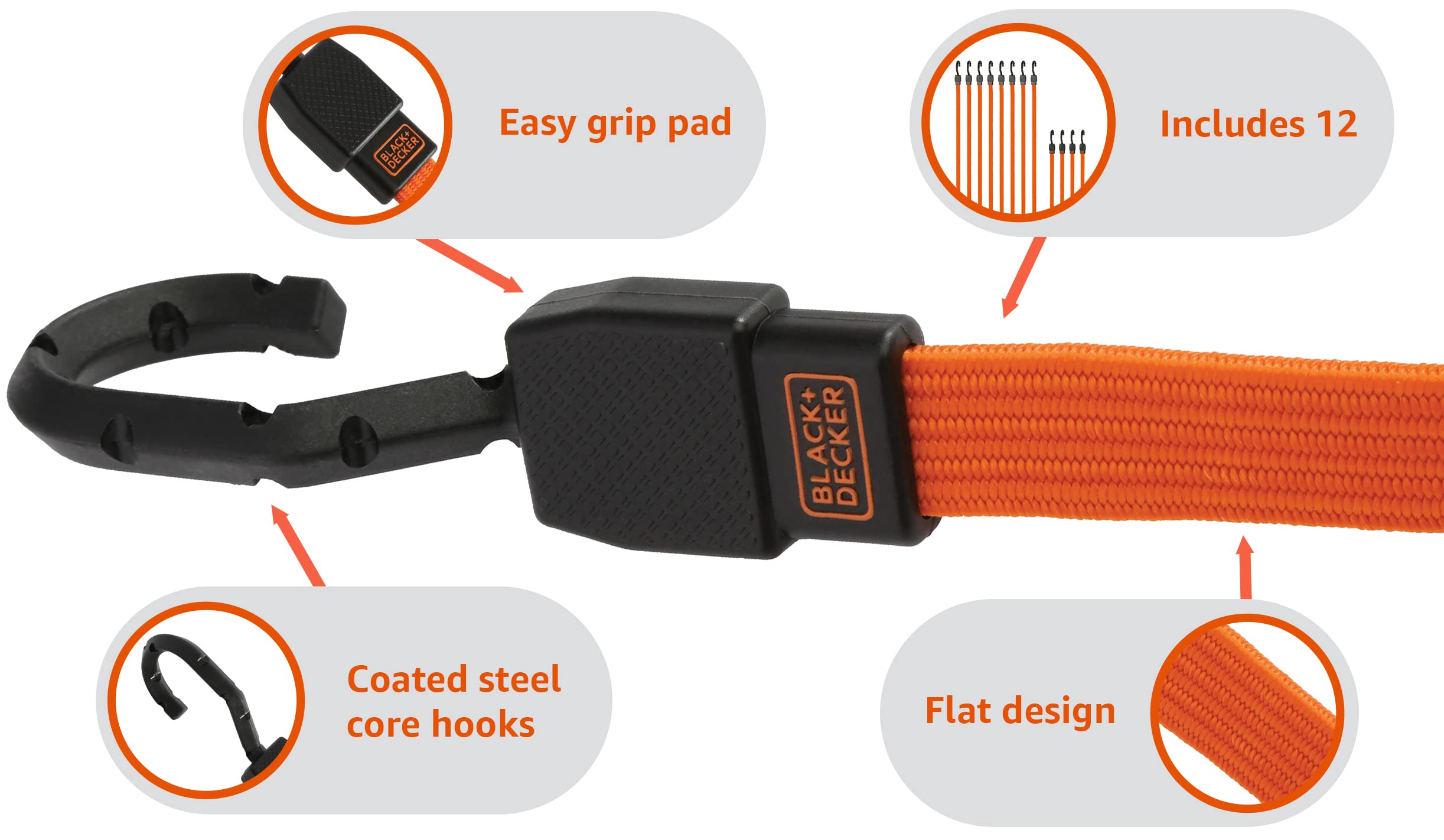 BLACK+DECKER BDX1017 - Kit de amarre de 17 piezas con cuerda de remolque de 14 pies, correas de hebilla de leva de lujo de 1 pulgada x 10 pies y cuerdas elásticas de correa plana de 24 y 36 pulgadas