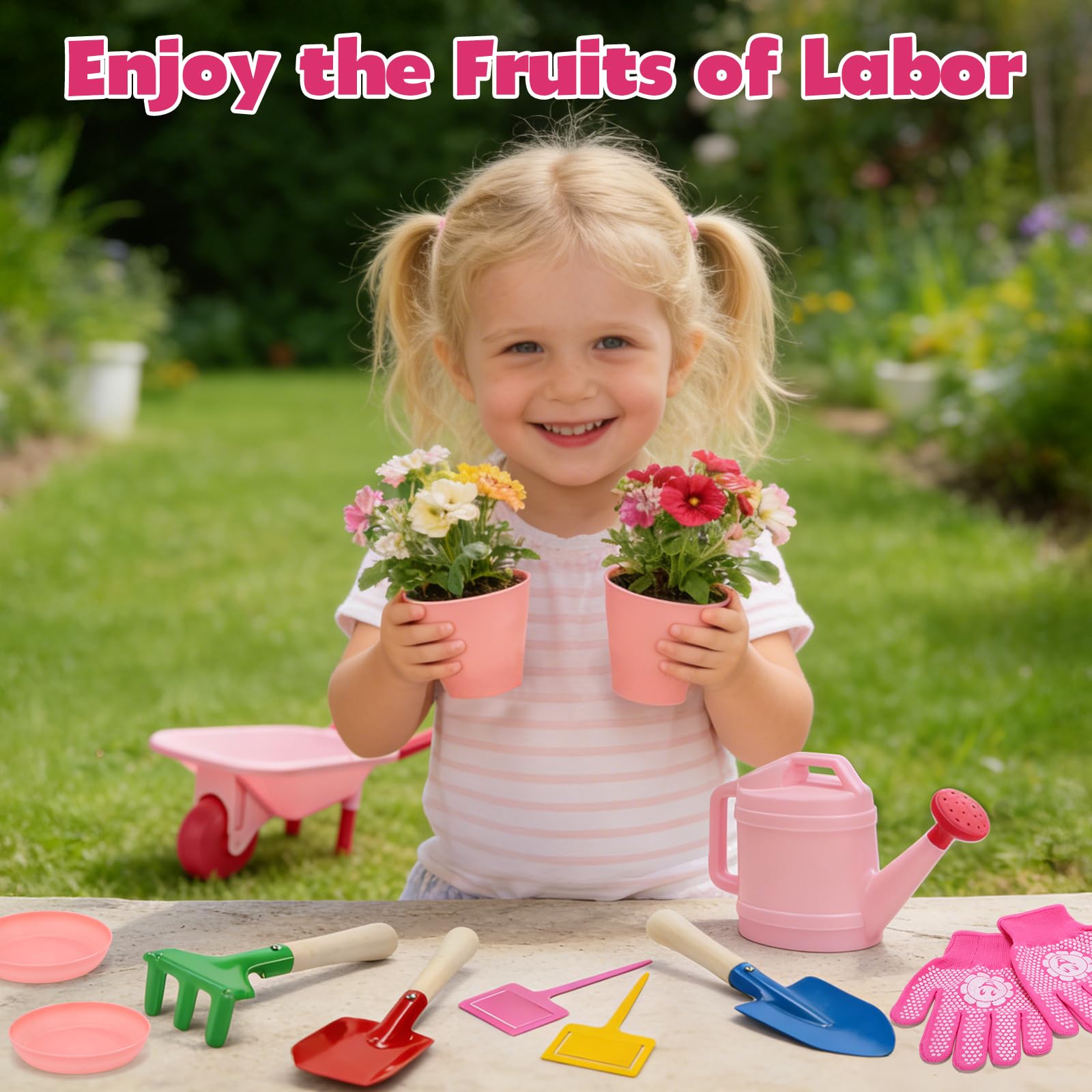 CUTE STONE Set di attrezzi da giardino per bambini, carriola rosa, giocattolo da giardino, con annaffiatoio, guanti, rastrello, pala, cazzuola, set da gioco per bambini dai 3 anni in su (rosa)