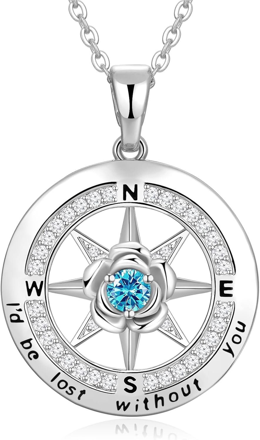 Compass necklace rose birthstone for wife, girlfriends, moms, daughters