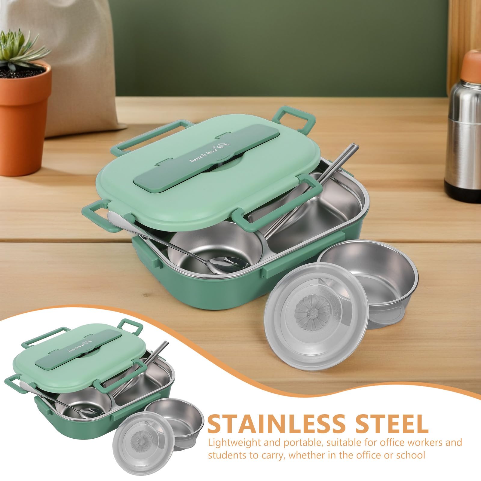 Lunch Box in Acciaio Inox con 4 Scomparti 1500ml Verde | Chiusura Robusta, Plastica e Acciaio Inox, per Lavoro e Uscite Lunghe, con Ciotola Zuppa e Posate