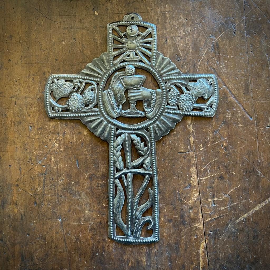 Metal Cross Home Decor, Folkart Religious Cross, Sacred Wall Hanging Cross Collection, Haitian 13 x 10 Inches, Handmade