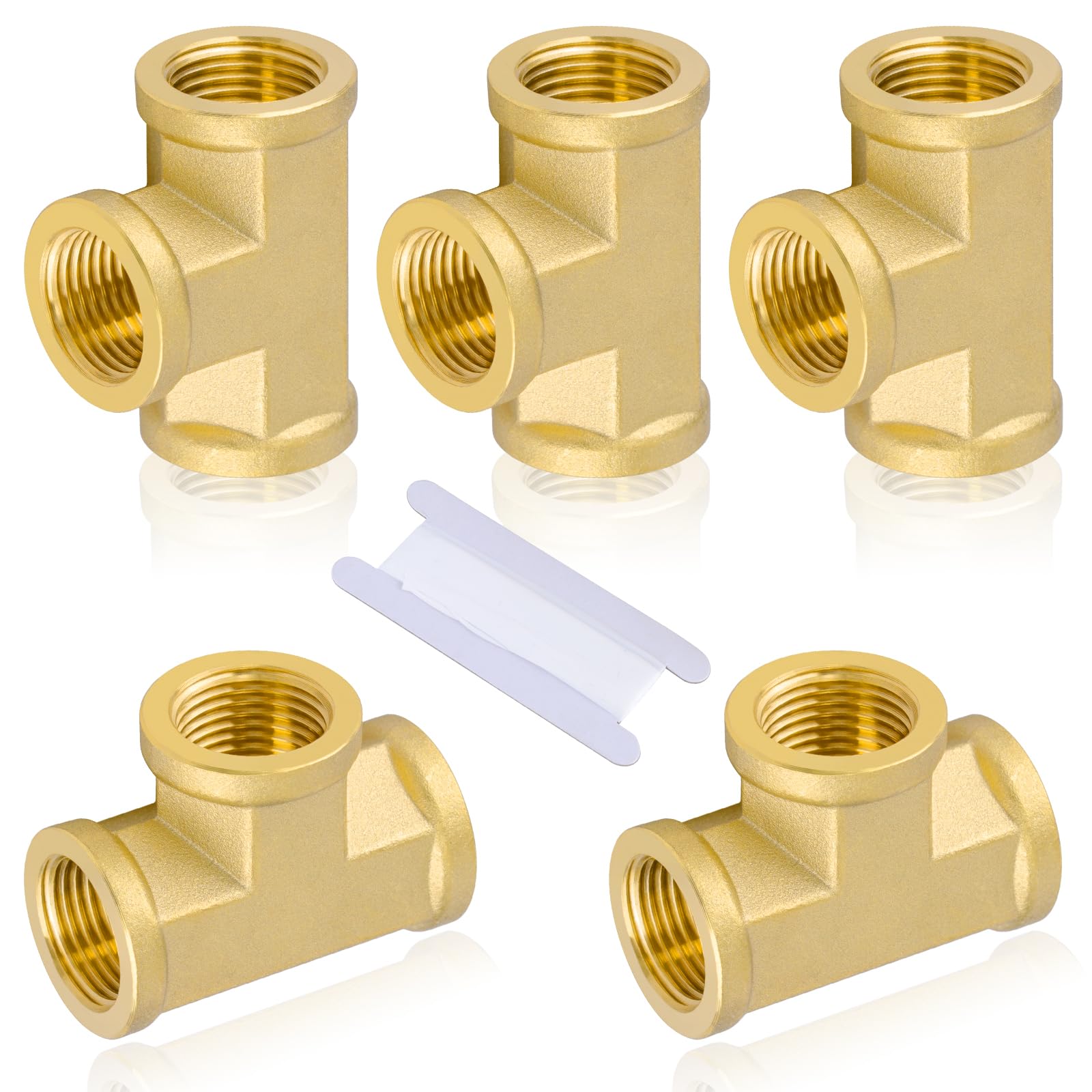 Boeray 5pcs 3/8" Brass Tee Fittings 3/8" NPT Female Pipe to 3/8" NPT Female Pipe to 3/8 Inch NPT Female Brass Barstock Street Tee Pipe Fittings 3 Way