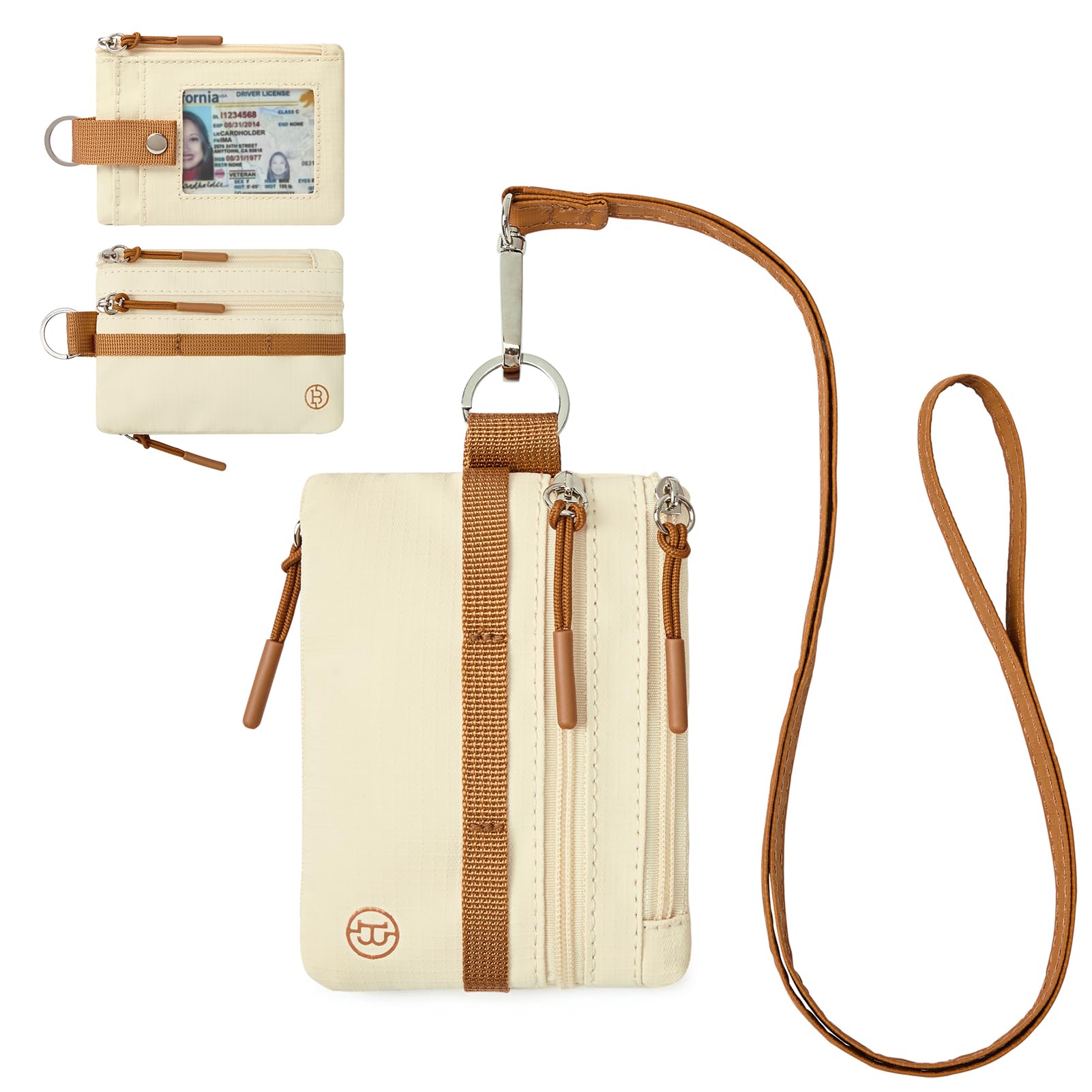 BOSTANTEN Small Wallet RFID, Minimalist Zip ID Case Wallet with Lanyard Keychain, Water Resistant Card Wallets for women &amp; Men, Beige and Brown