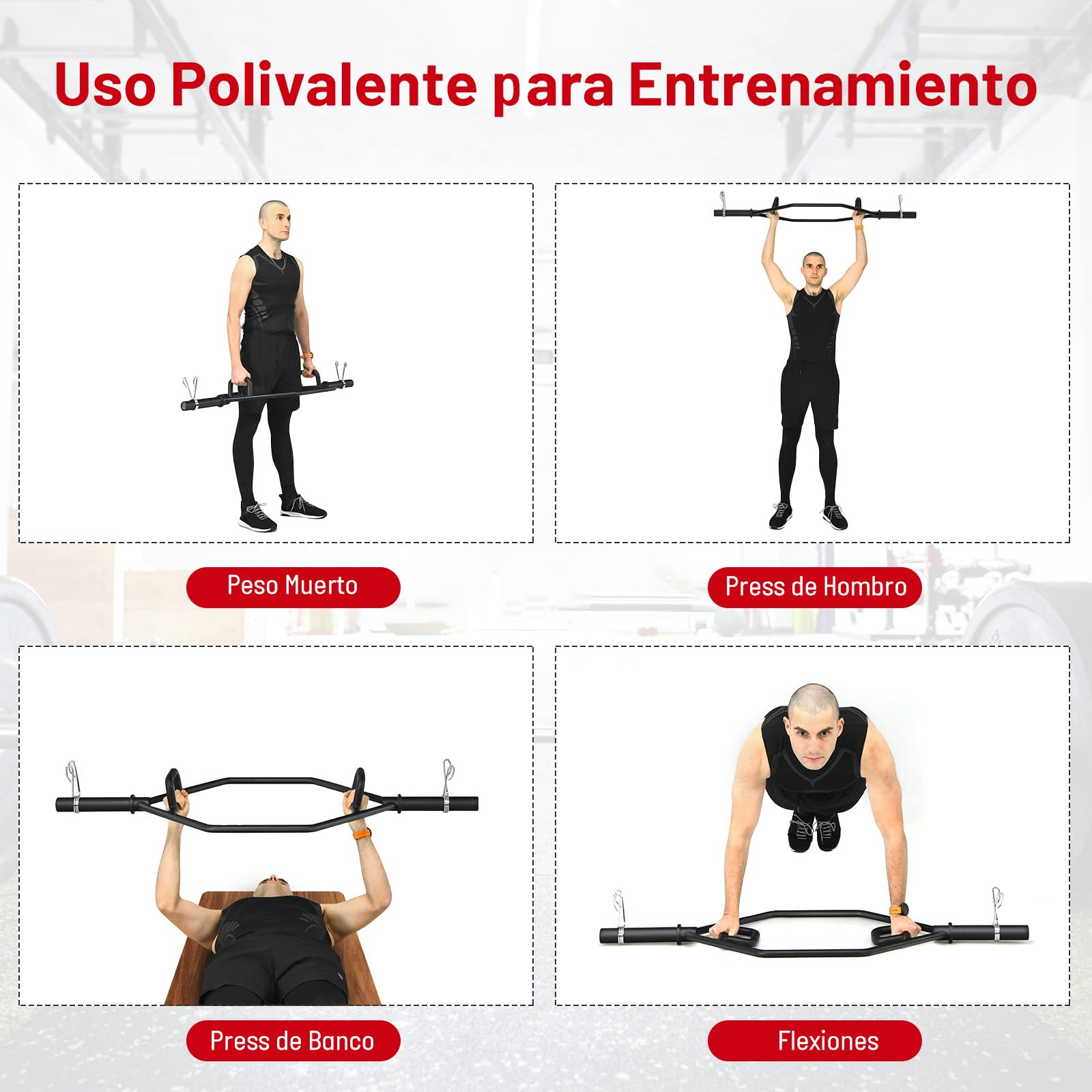 GYMAX Barra Hexagonal Olímpica, Barra Trapezoidal para Entrenamiento de Fuerza con Manguitos Cargables y Collares de Resorte de 26 cm, Barra de Encogimiento de Pesas