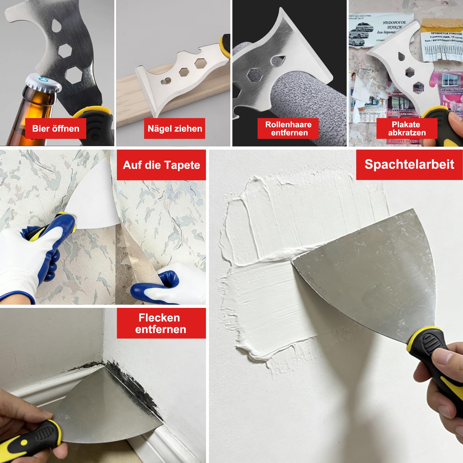 14 PCS Flächenspachtel Set Profi, 25/40/60/80 cm Spachtel Set mit 0,35 & 0,5 mm Edelstahlklingen, Teleskopstange 1,28 m & Koffer für Trockenbau, Glättkelle Set mit Handschuhen und Spachteln