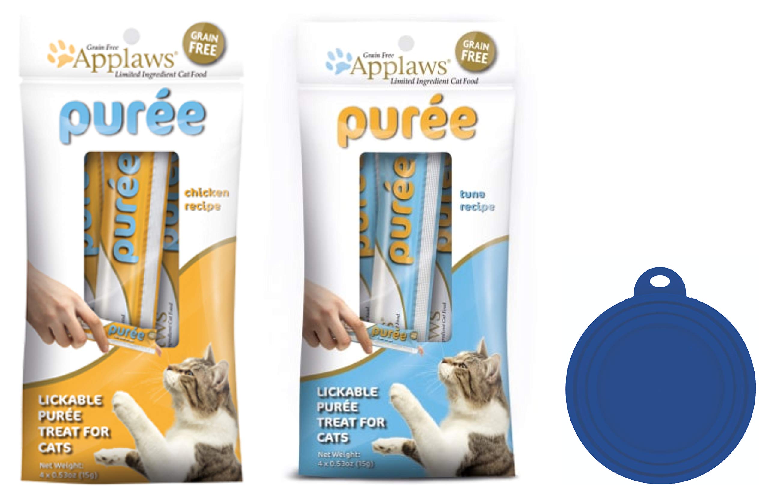 Applaws Lickable Puree Cat Treats in 2 Flavors: (1) Chicken and (1) Tuna (4 Count per Flavor, 8 Treats Total) Plus Silicone Lid
