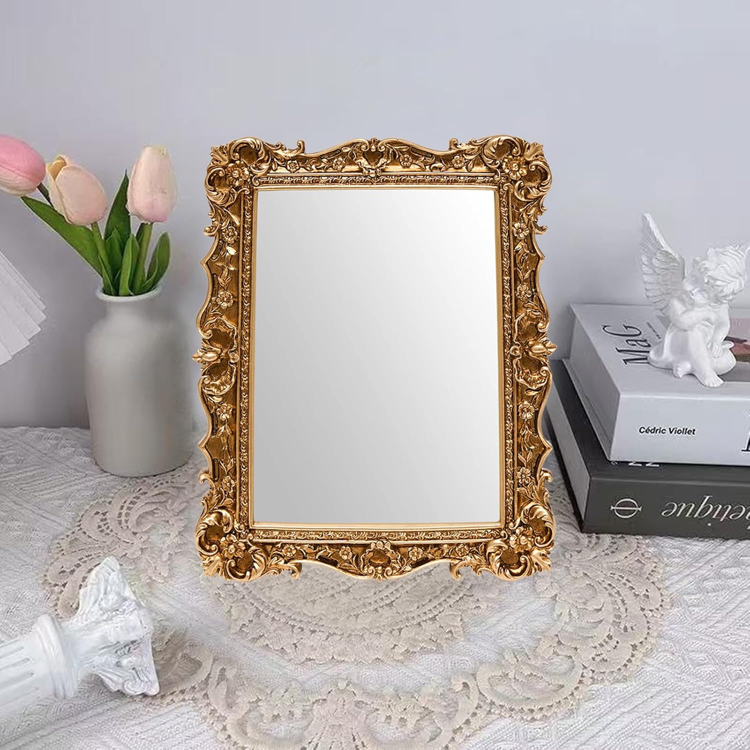 JANDERART Small Vintage Mirror 10x8 Inch, Antique Ornate Decorative Mirror for Desk & Wall, Vanity Mirror for Makeup Wall Decor, Gold