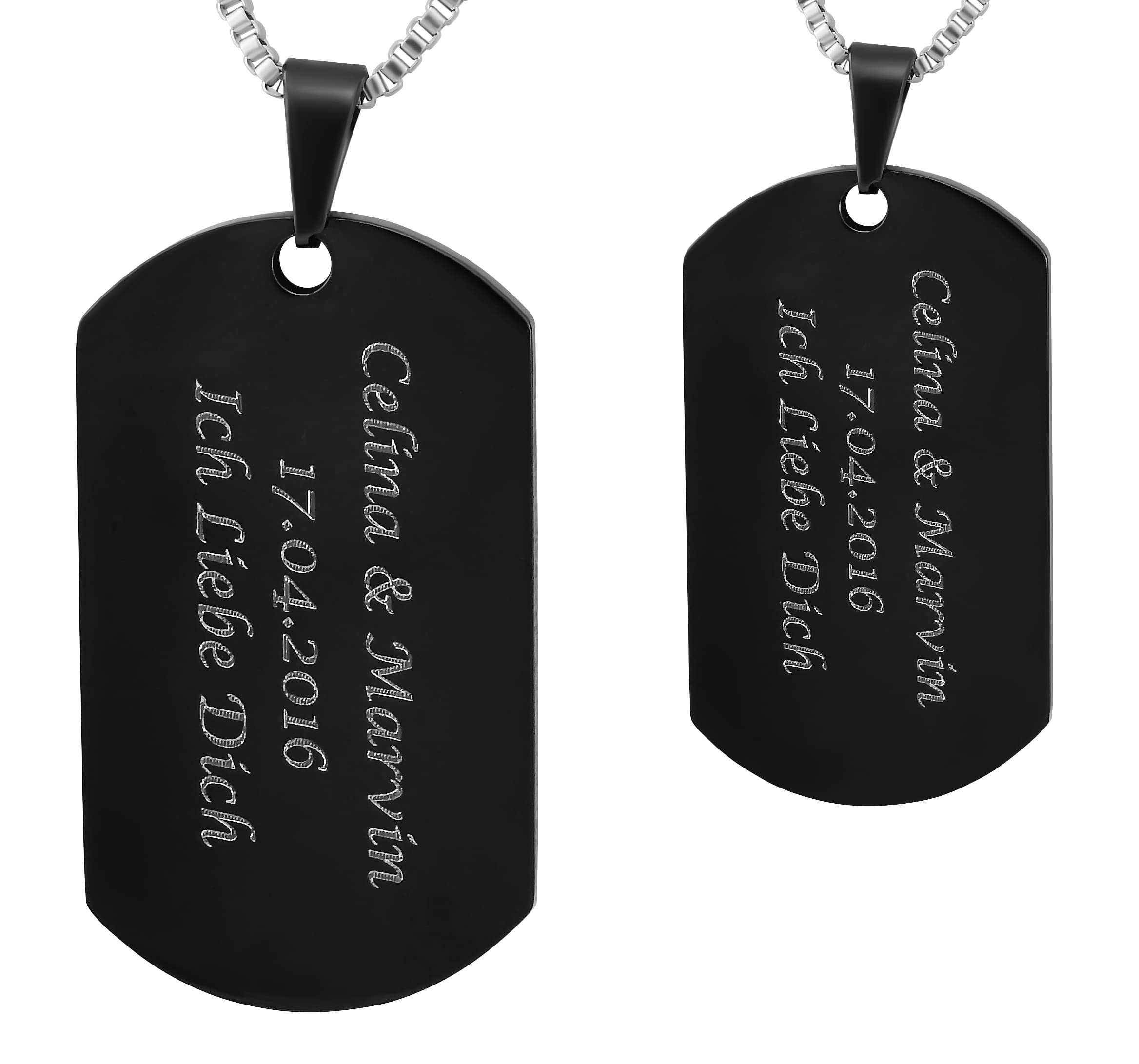 2 Stück Personalisierte Kette mit Gravur Edelstahl 50 cm mit Anhänger Dog Tag Krone in schwarz - Personalisierte Geschenke für Damen Herren Freundin Freund - Partner Halskette für Sie und Ihn