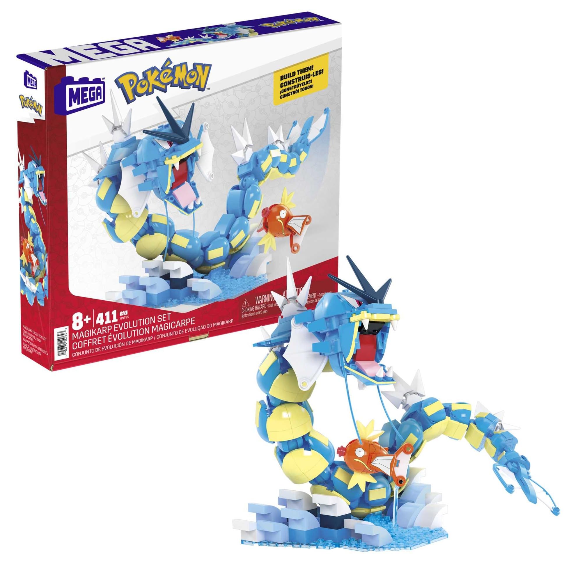 MEGA Pokémon Action Figure Building Toys Set for Kids, Magikarp Evolution Set with 411 Pieces, Buildable and Poseable Gyarados, 20 inches, HNT95