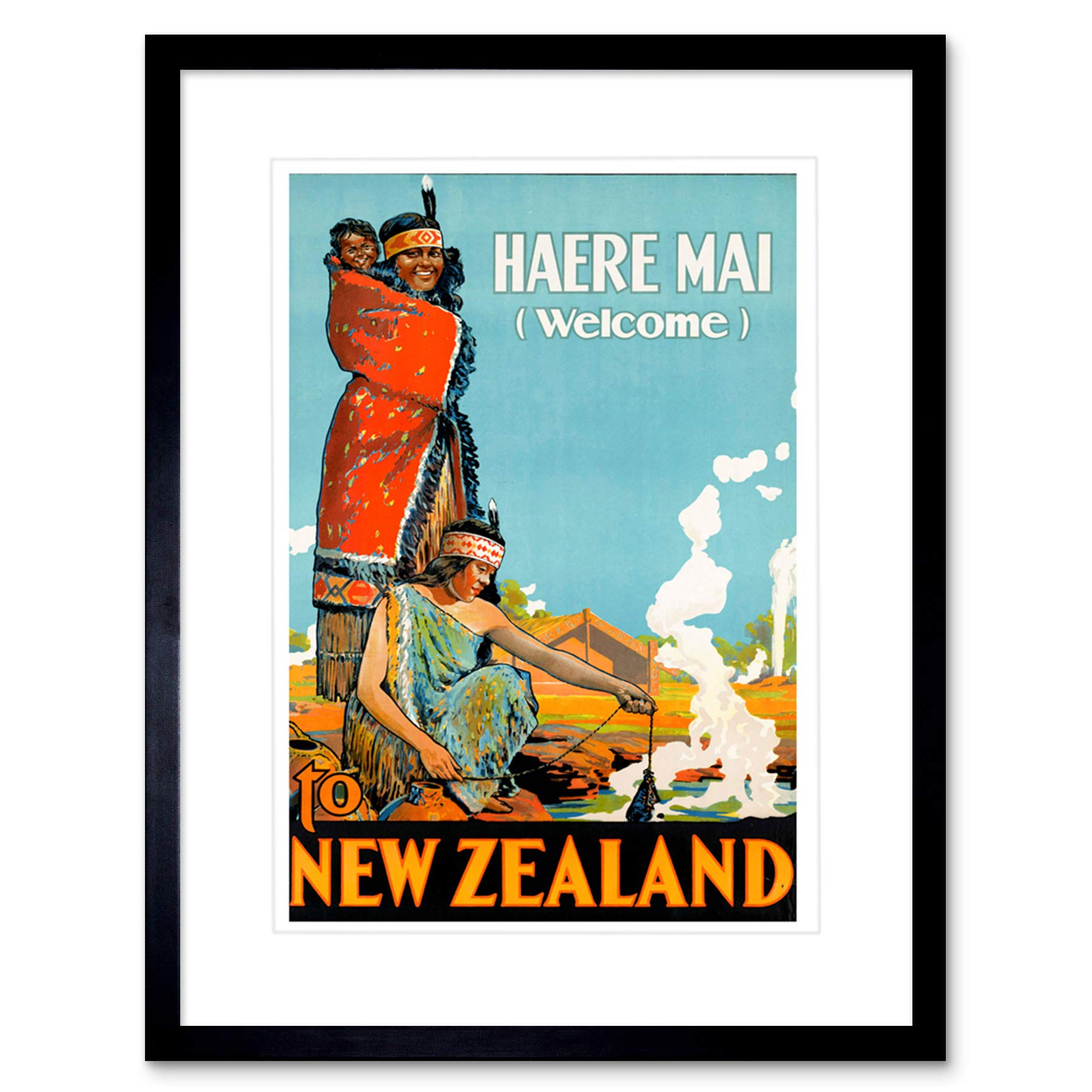 Wee Blue Coo TRAVEL NEW ZEALAND NATIVE MAORI WELCOME COSTUME HOT SPRING FRAMED PRINT B12X6489