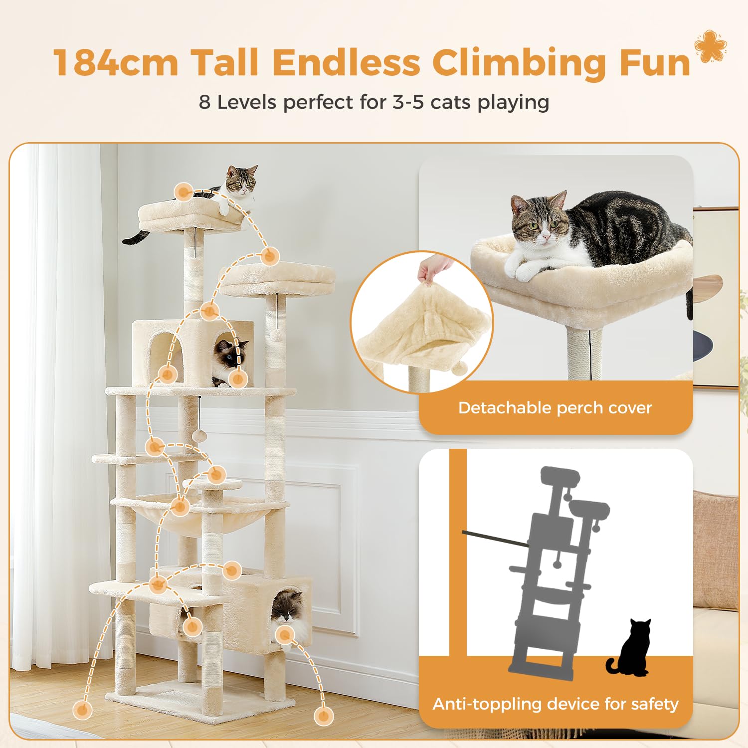 PAWZ Road Árbol para gatos grandes de 184 cm, torre grande para gatos de 6 pies con postes rascadores cubiertos de sisal y almohadillas, 2 perchas acolchadas, condominio doble y cesta para gatos de