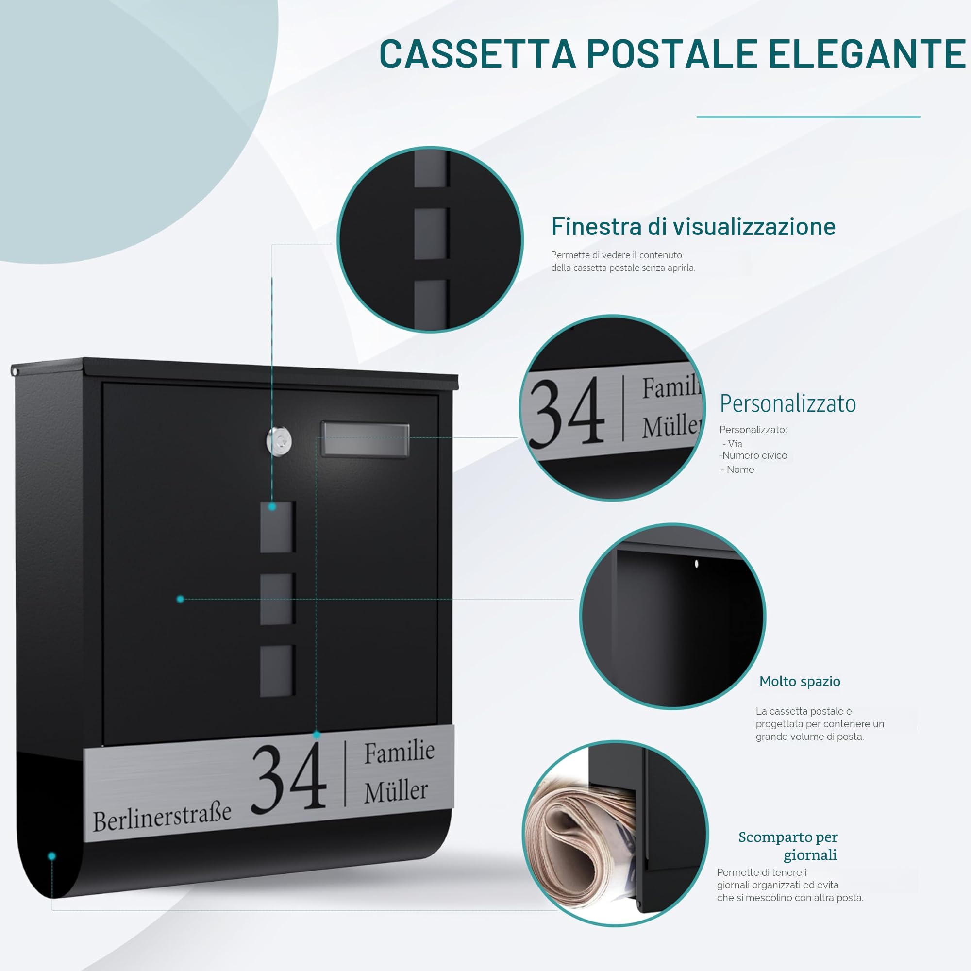 Bl4ckPrint Cassetta delle lettere di alta qualità, antracite, scomparto per giornali, finestra personalizzabile, nome della famiglia e numero civico, cassetta da parete