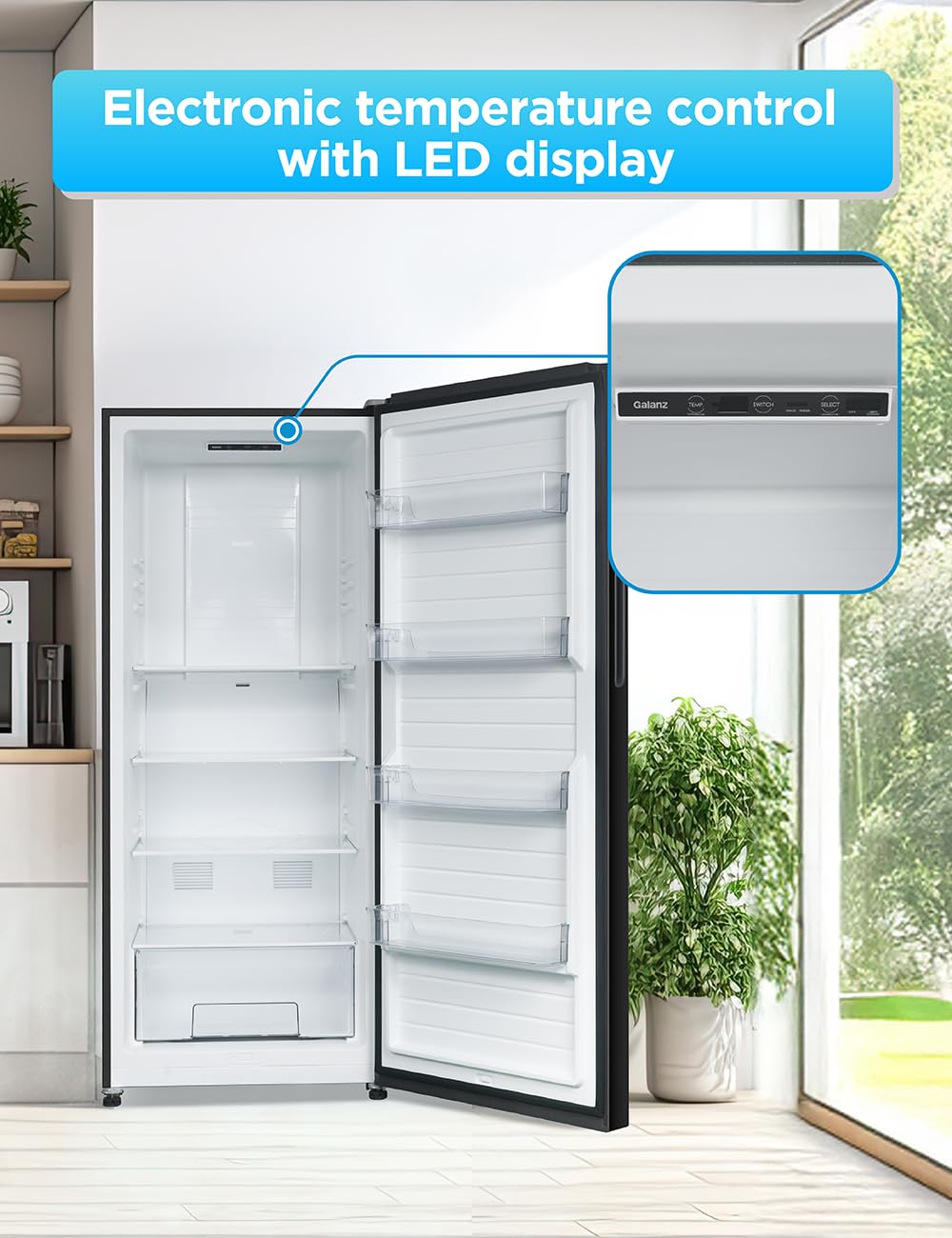 Commercial Cool 16.4 Cu. Ft. Convertible Freezer Refrigerator, Upright Fridge With Glass Shelves, Reversible Door, Energy Star Rated, Auto Defrost, Ccuc1640gb, Black on Fridge.com - View 3