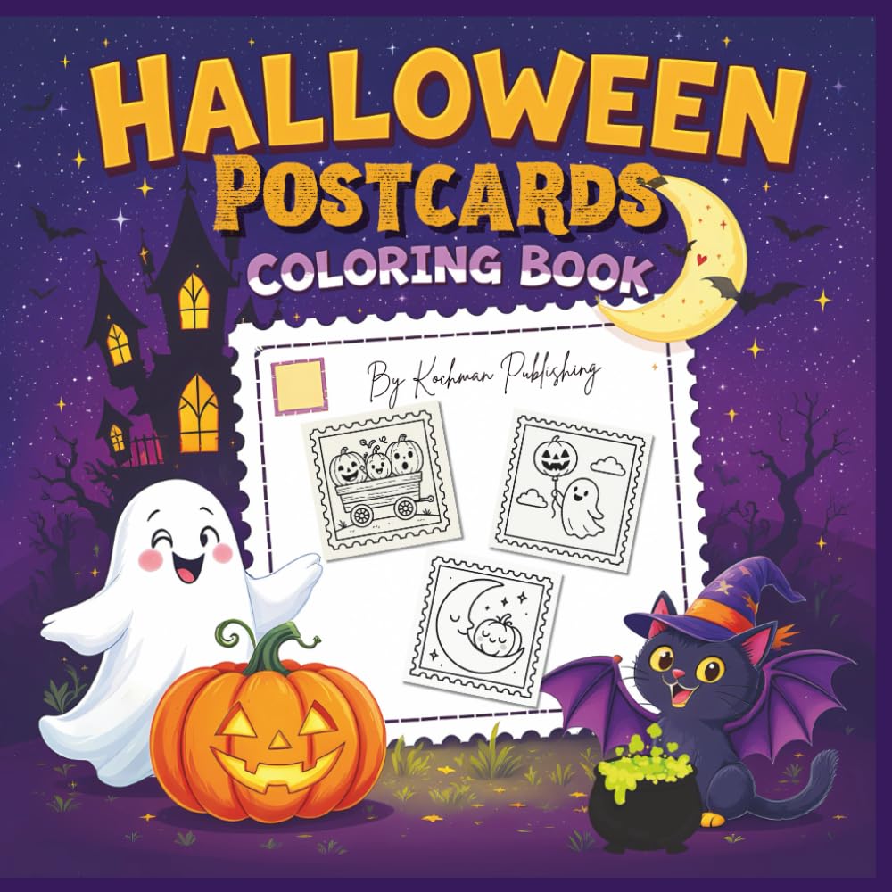 Halloween Postcards Coloring Book: Cute & Spooky Halloween Scenes with Pumpkins, Ghosts, Witches, Haunted Houses & More | Fun Coloring Postcards for Kids & Adults