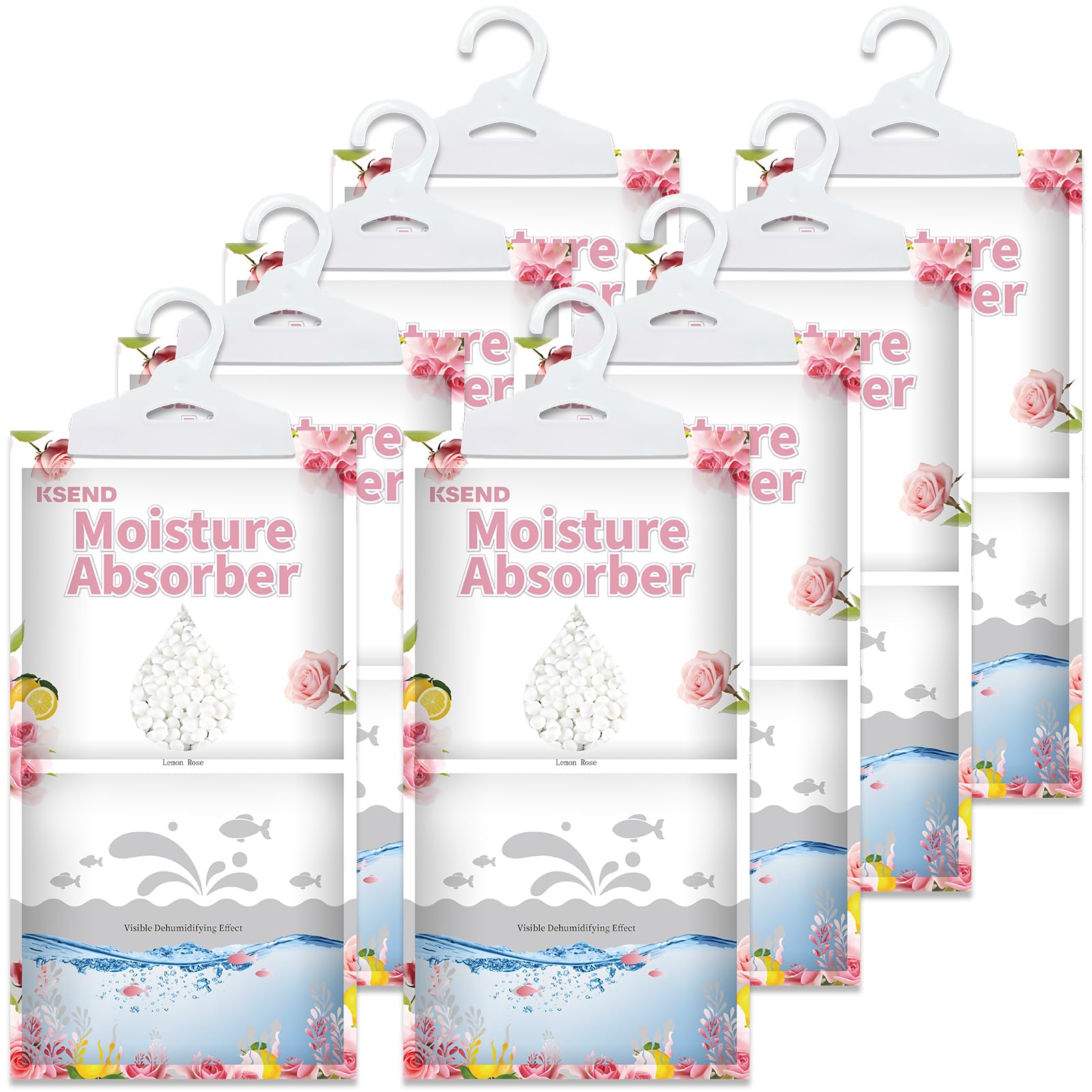 Ksend Moisture Absorbers 8 Packs - 9.8 oz Dehumidifier Bags, Portable Moisture Hanging Bags for Closet, Bathroom and Kitchen, Lemon Rose Scent, 11.8"