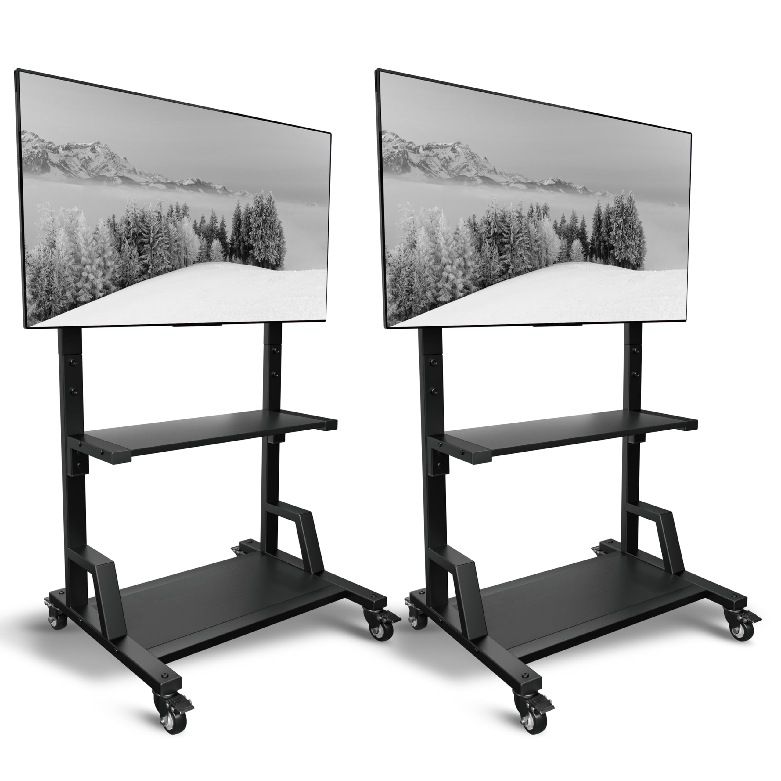 2 Pack Rolling TV Stand with Lockable Wheels and Dual Shelves, Easy-to-Assemble Roller Cart Mount for 32-75 inches TVs, Sturdy Mobile Screen Stand for Living Room, Bedroom, Office, Outdoor