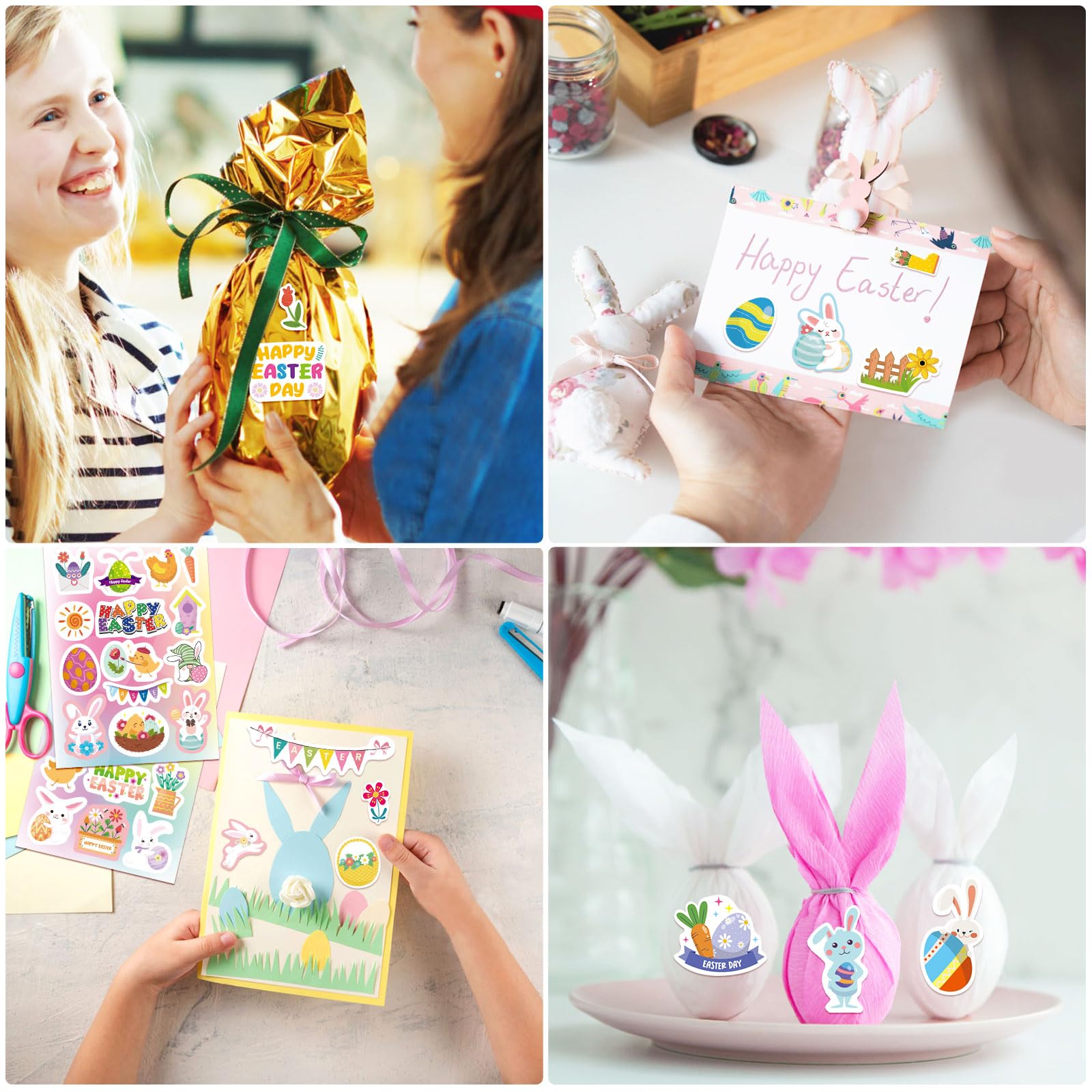 Autocollants Pâques 24 Feuilles 342Pcs Gommette Œuf Lapin Carottes Panier Cartes Enveloppes Scrapbooking Enfants Fournitures Fête