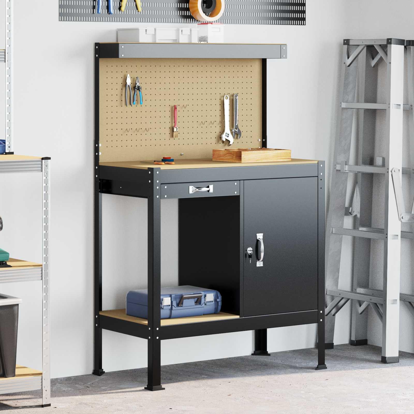 Banco da lavoro nero, 90 x 49 x 141 cm, in compensato e metallo, con cassetto, parete forata, ripiano, sistema di organizzazione stabile per officina, garage, sala hobby, fai da te, spazio per