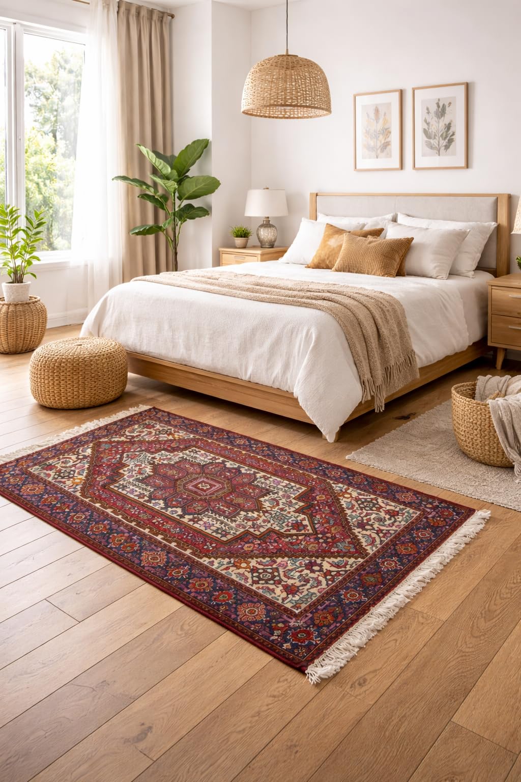 Alfombra de lana tejida a mano para eliminar la frialdad del suelo con diseño geométrico boho