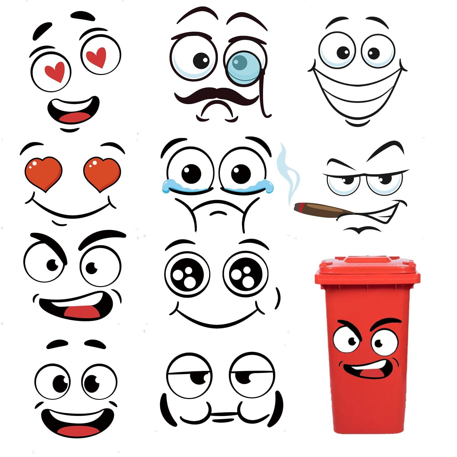 10 Pack Funny Trash Garbage Can Stickers- 11.8in x 8.3in Cute Toilet Lid Decal Sticker, Adhesive Cartoon Expressions Sticker for Kitchen Fridge Bucket, Decorative Wall Stickers Indoor (Pattern 2)