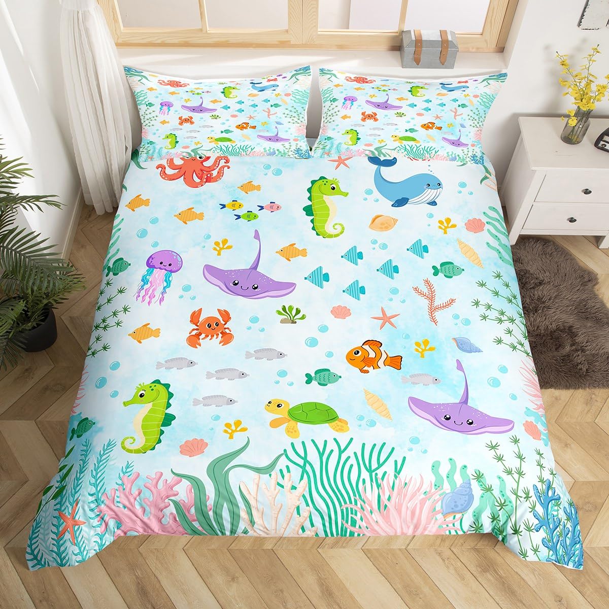 Homemissing Ocean Bedding Set Cot Size Kids Marine Life Sea Comforter Cover for Boys Girls Teens Seahorse Seaweed Duvet Cover Breathable Soft Lightweight Microfiber Sea Underwater World Room Decor — image 1