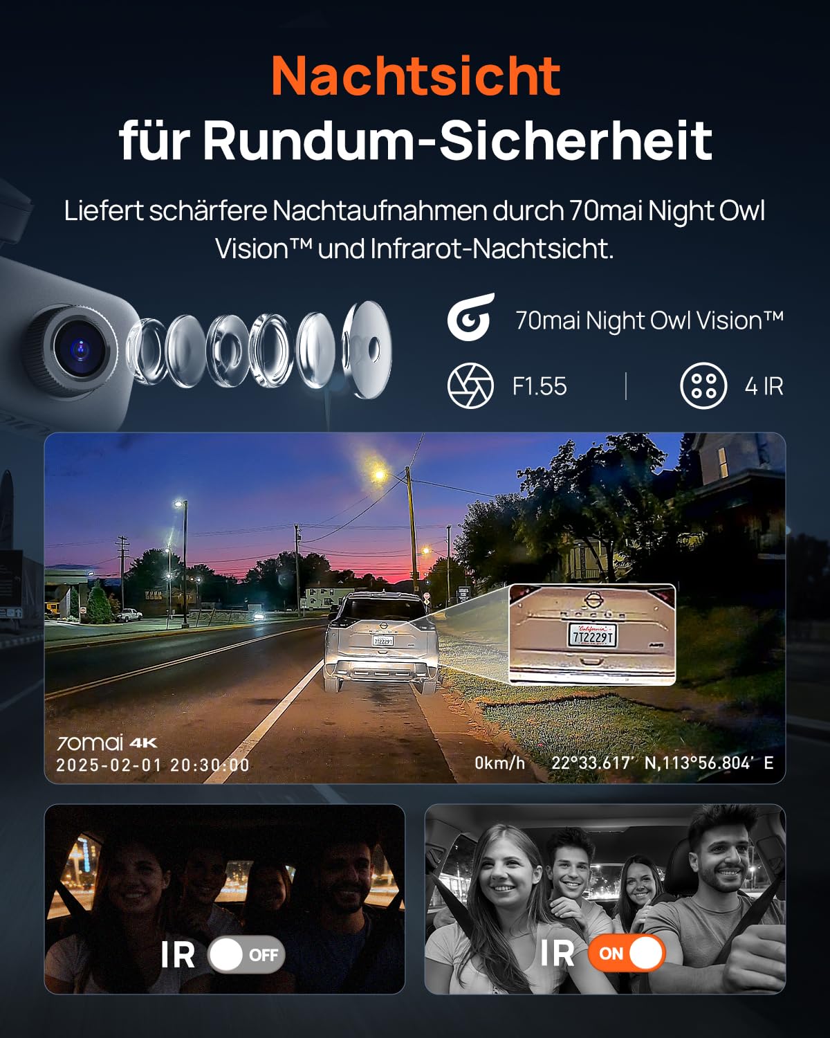 70mai T800E 4K 3-Kanal Dashcam Auto, 4K+1080P+1080P, HDR F1.55, IR Nachtsicht, Parküberwachung 24H, GPS, WiFi 6, 64GB SD