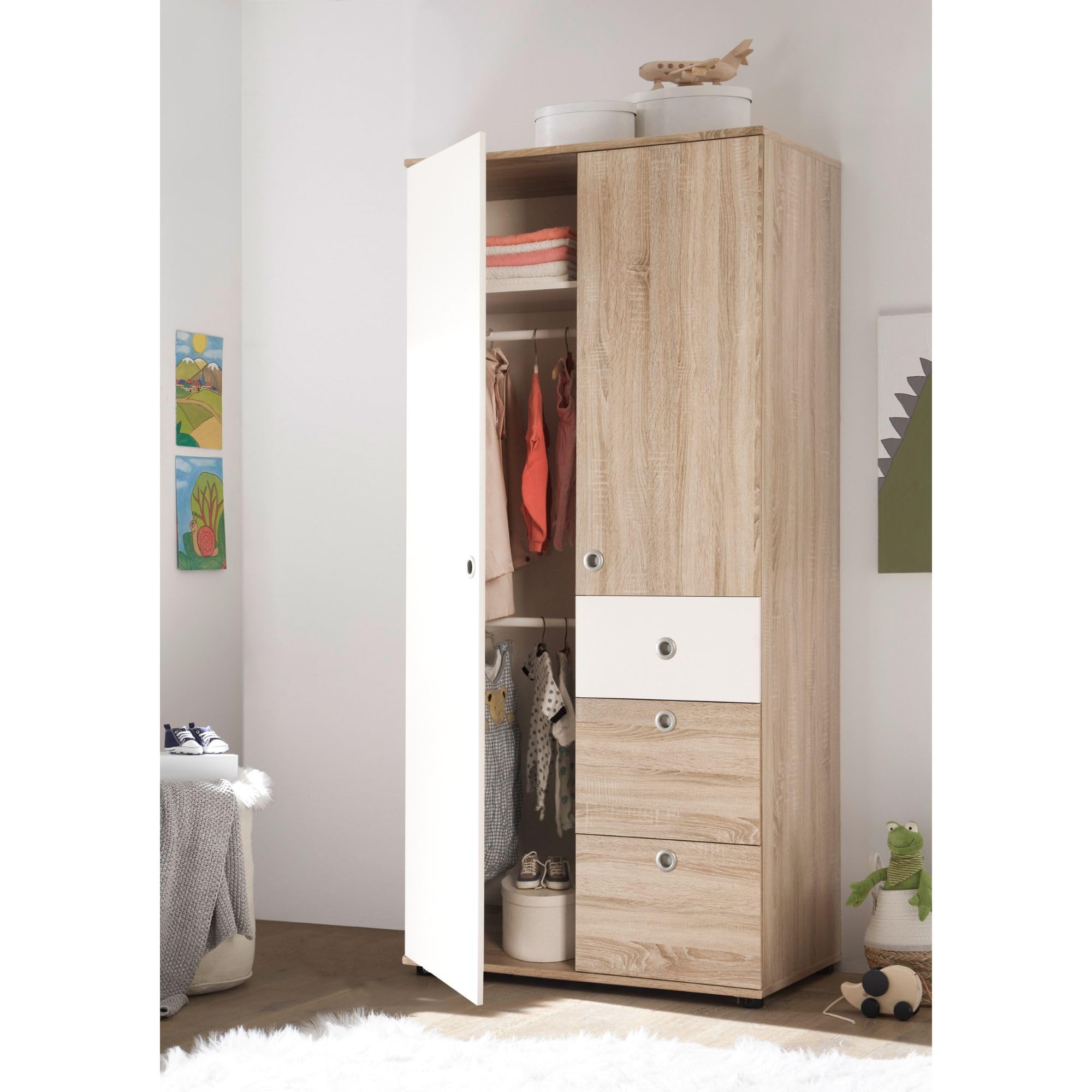WIKI Eleganter Babyzimmer Kleiderschrank 2-türig 90 x 191 x 53 cm Eiche Sonoma Optik Weiß