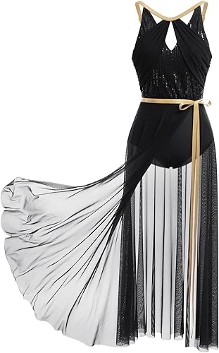 ODASDO Disfraz de danza lírica para mujer, de encaje, sin mangas, leotardo transparente, falda larga envolvente, traje de 2 piezas