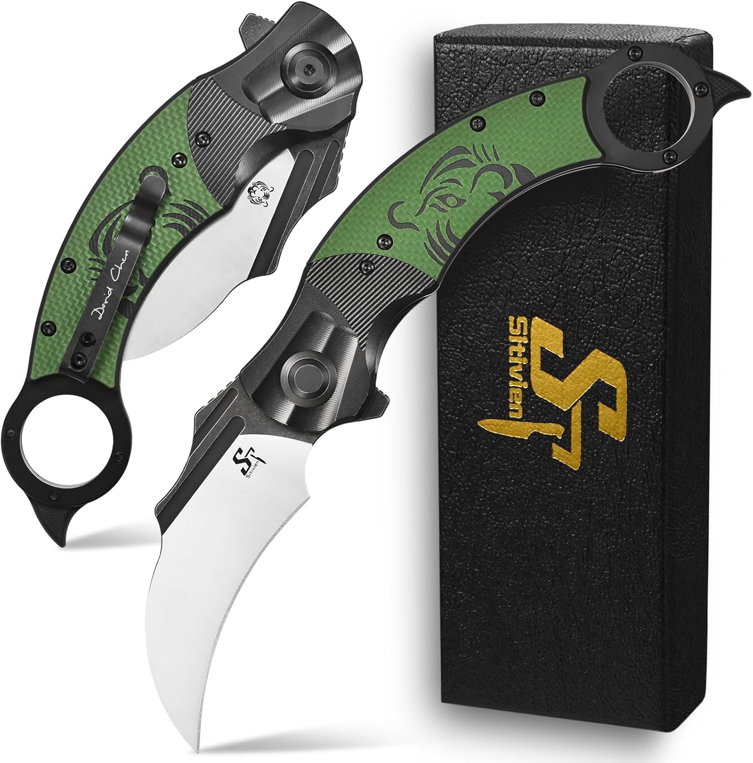 Sitivien ST164 Folding Pocket Knife,AUS-10 Steel Blade,Steel Head CNC Precision Carving+G10 Handle EDC Tool Knife for Outdoor Survival Camping Hiking Fishing(Green)