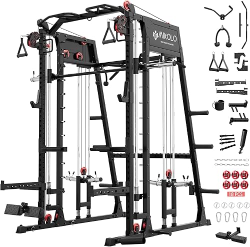 Miniatura 22 de Máquina de Smith Mikolo, banco de sentadillas de 2200lbs con sistema de tracción LAT y máquina de cruce de cables, equipo de entrenamiento con