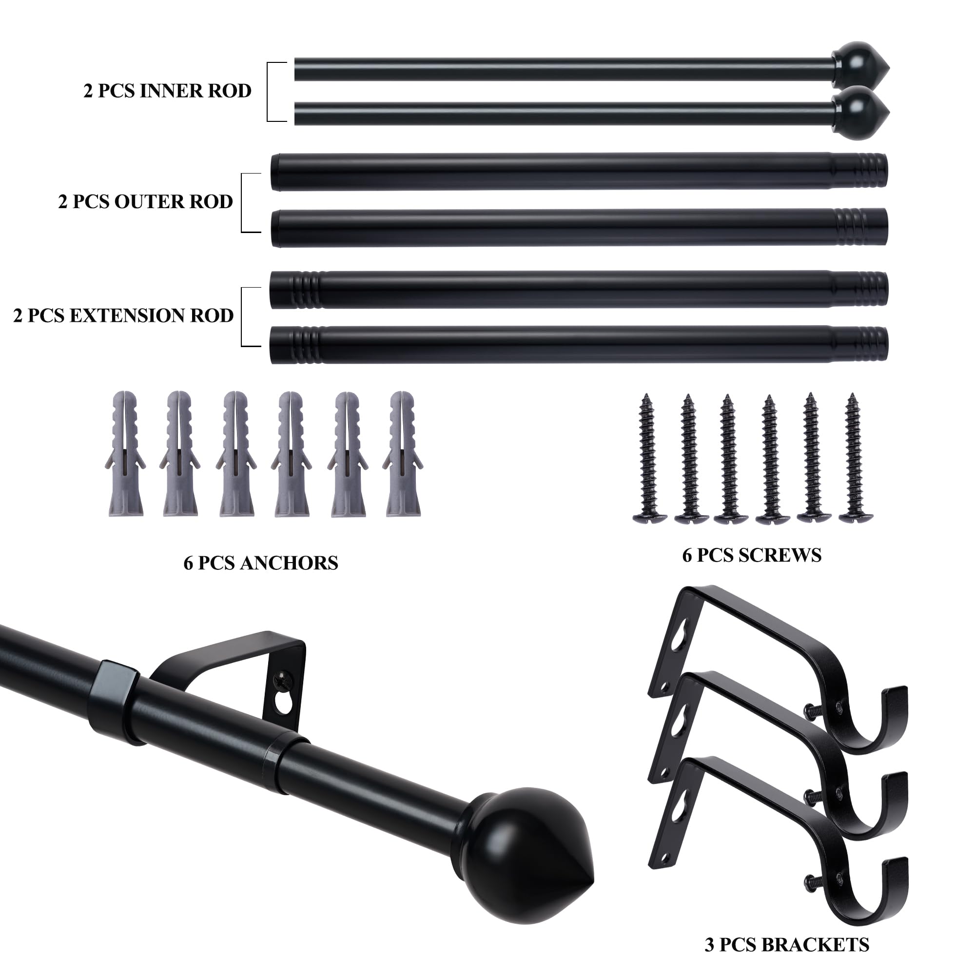 3/4" Decorative Adjustable Curtain Rod Set, 30 To 80 Inches, Heavy Duty Stainless Steel, White - View #11