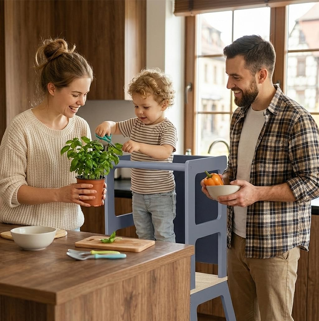 Baby Vivo Lernturm aus Holz - Tower Küche Kindermöbel Learning Tower - Schemel Lerntower für Kinder ab dem Stehalter - Tritthocker mit Tafel Montessori Küchenhelfer Lernstuhl in Grau