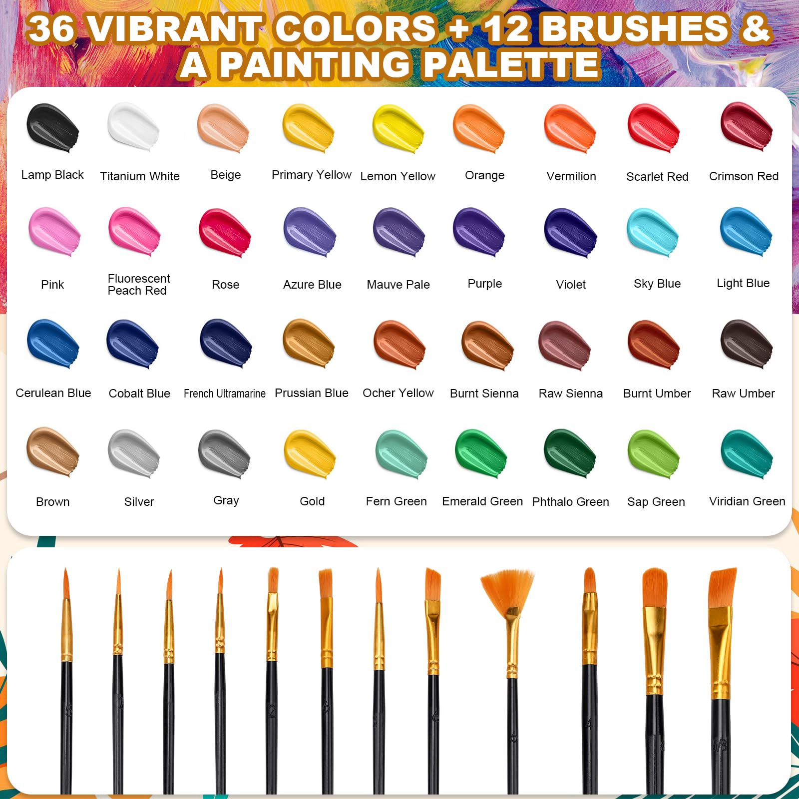Juego de pinturas acrílicas, 36 unidades, 60 ml, pintura acrílica resistente al agua, para artistas, principiantes, adultos, pinturas acrílicas para lienzo, piedras, madera, con 12 pinceles y