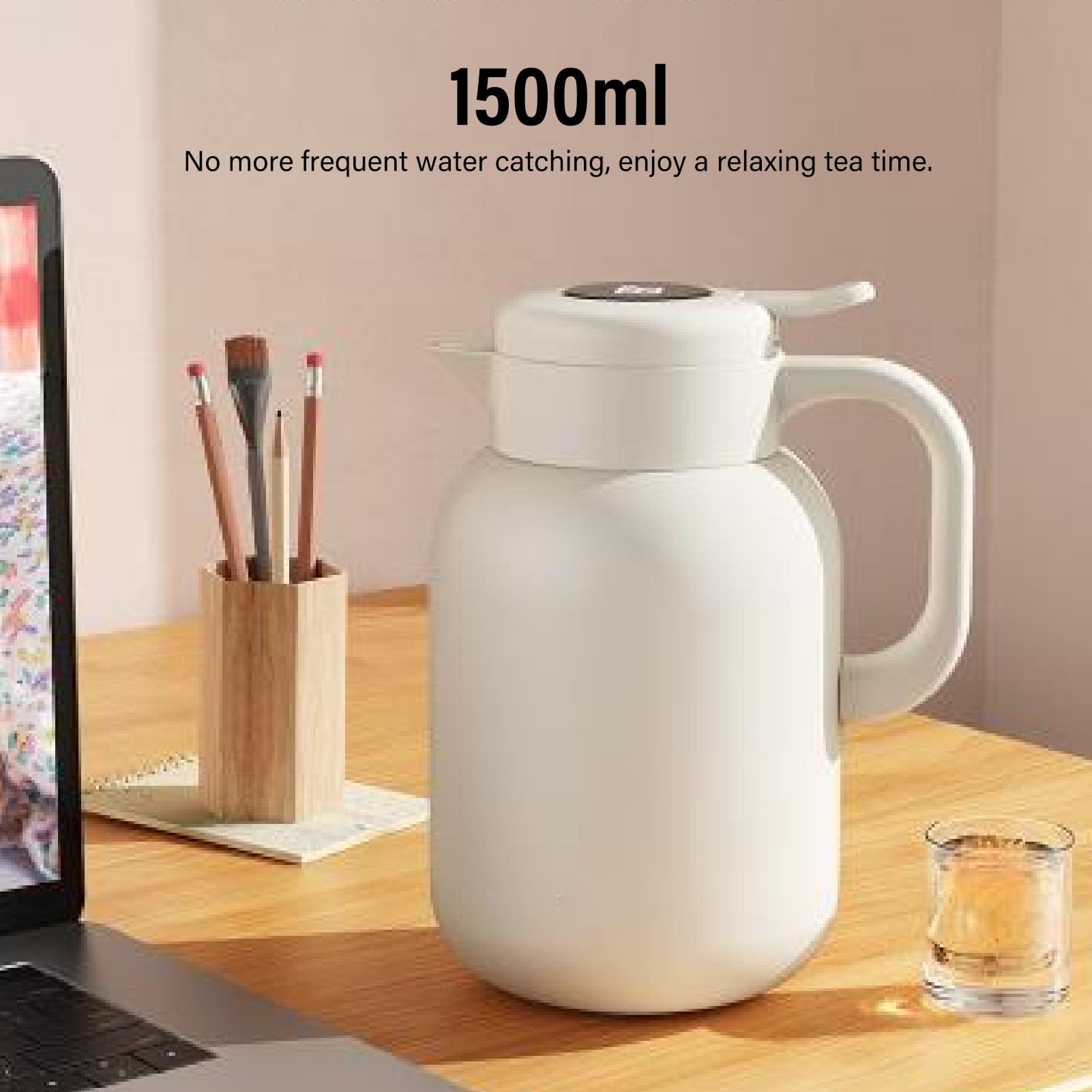SIXRUN Teiera Isolata, 1500 Ml Caraffa da Caffè in Acciaio Inox a Vuoto con Coperchio Antigoccia per Tè Caffè Latte Acqua e Bevande Calde e Fredde (WHITE)