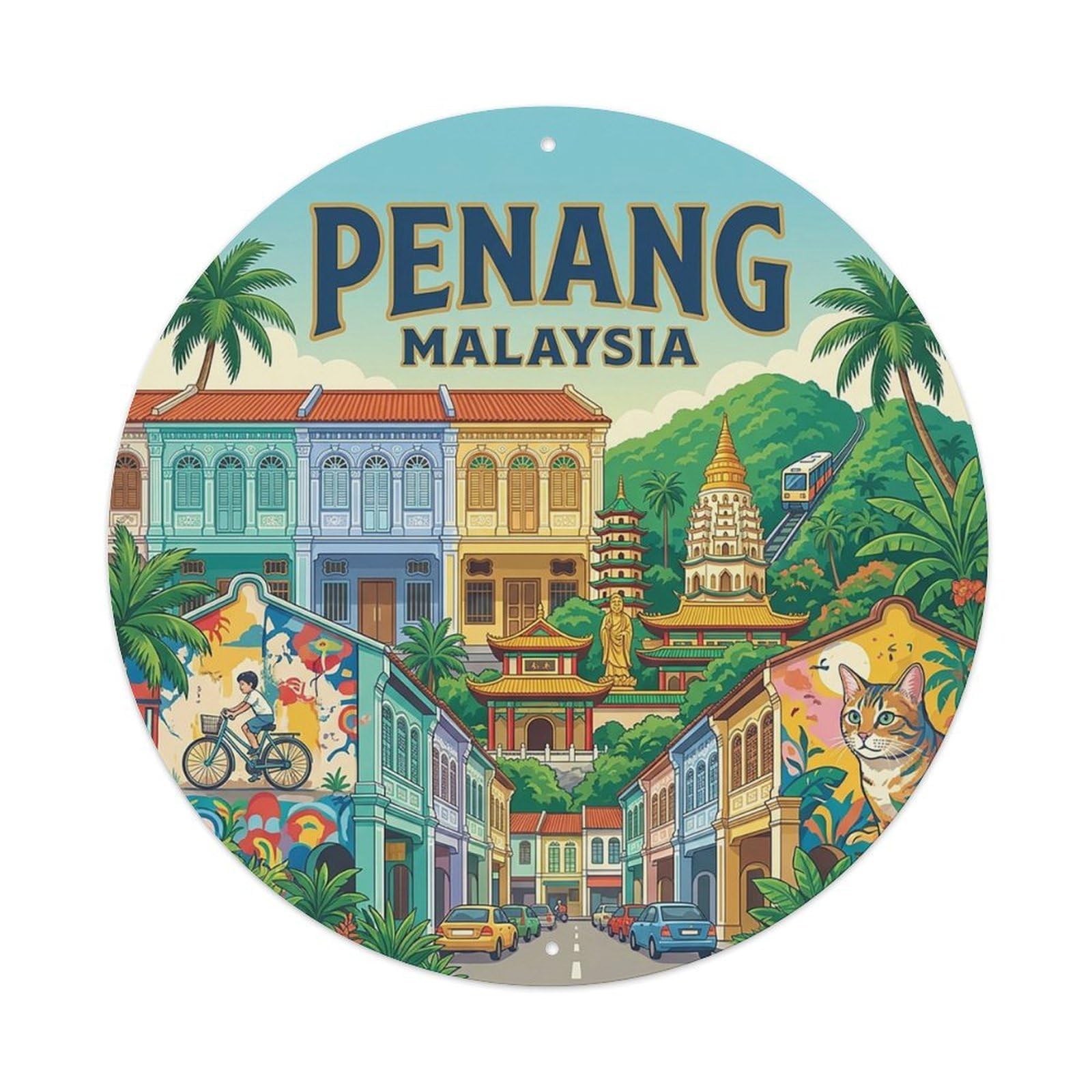 Retro Travel Malaysia Penang Vintage Metal Tin Sign Plaque Wall Decor for Cafe, Club Bar, Office, Garden Metal Poster 8x8Inch