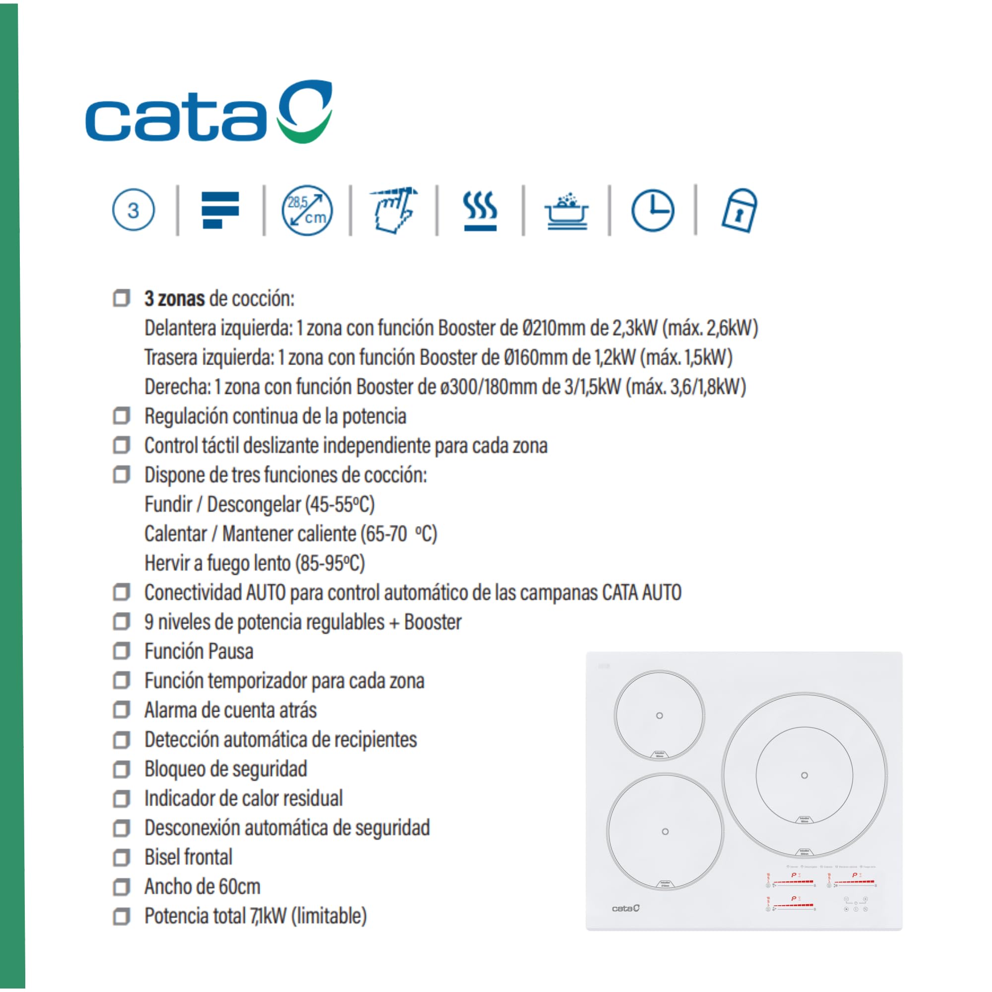 Cata Placa de Inducción INSB 6030 WH, 3 Zonas, 59cm, Control Táctil, 9 Niveles de Potencia, Bloqueo de Seguridad, Vidrio Blanco