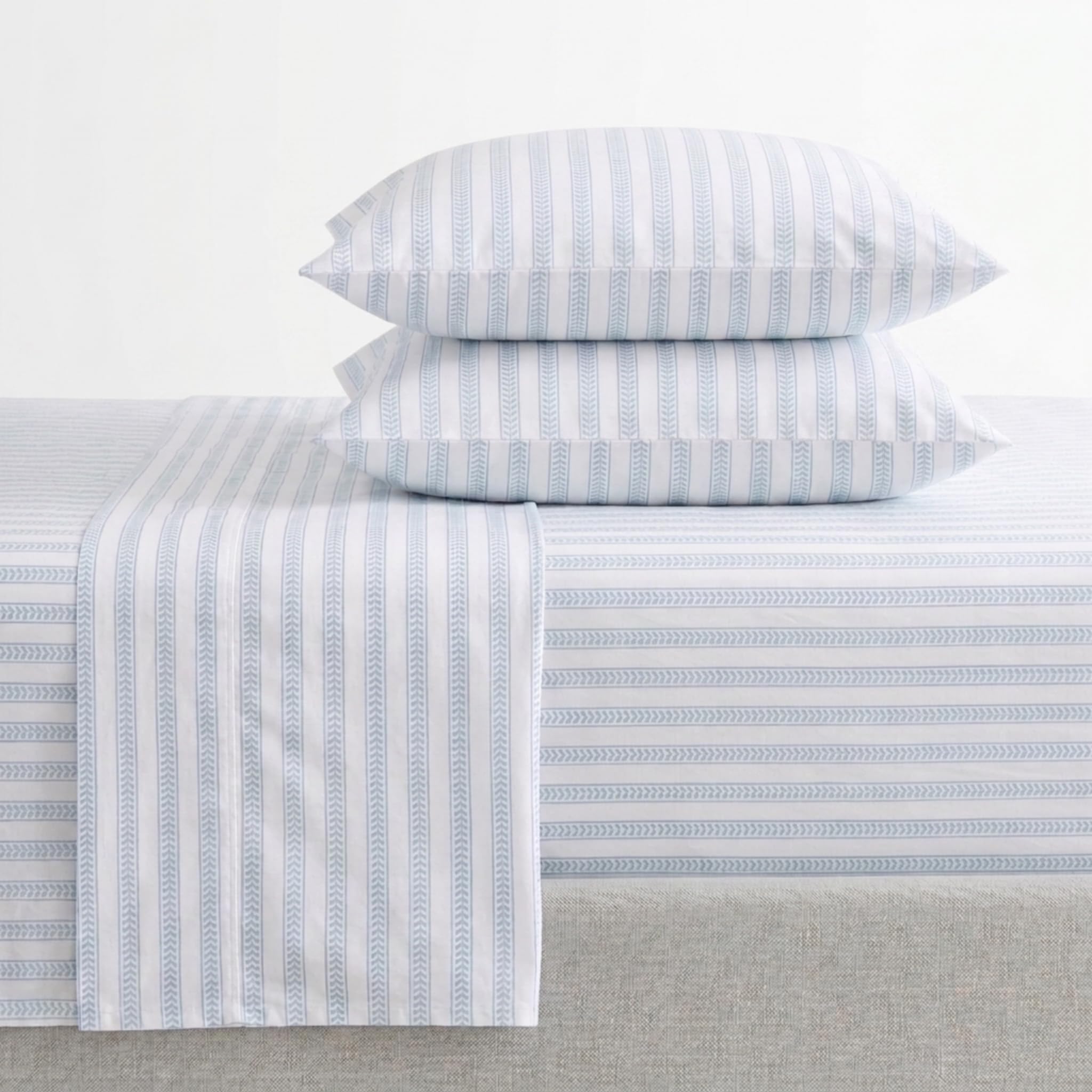 Martha Stewart - Twin Size Sheet Set, Crisp &amp; Tailored Sheets with a Smooth Cotton Percale Feel - Striped Bed Sheets with Matching Pillowcase &amp; Fitted Sheet (Leaf Stripe Blue)