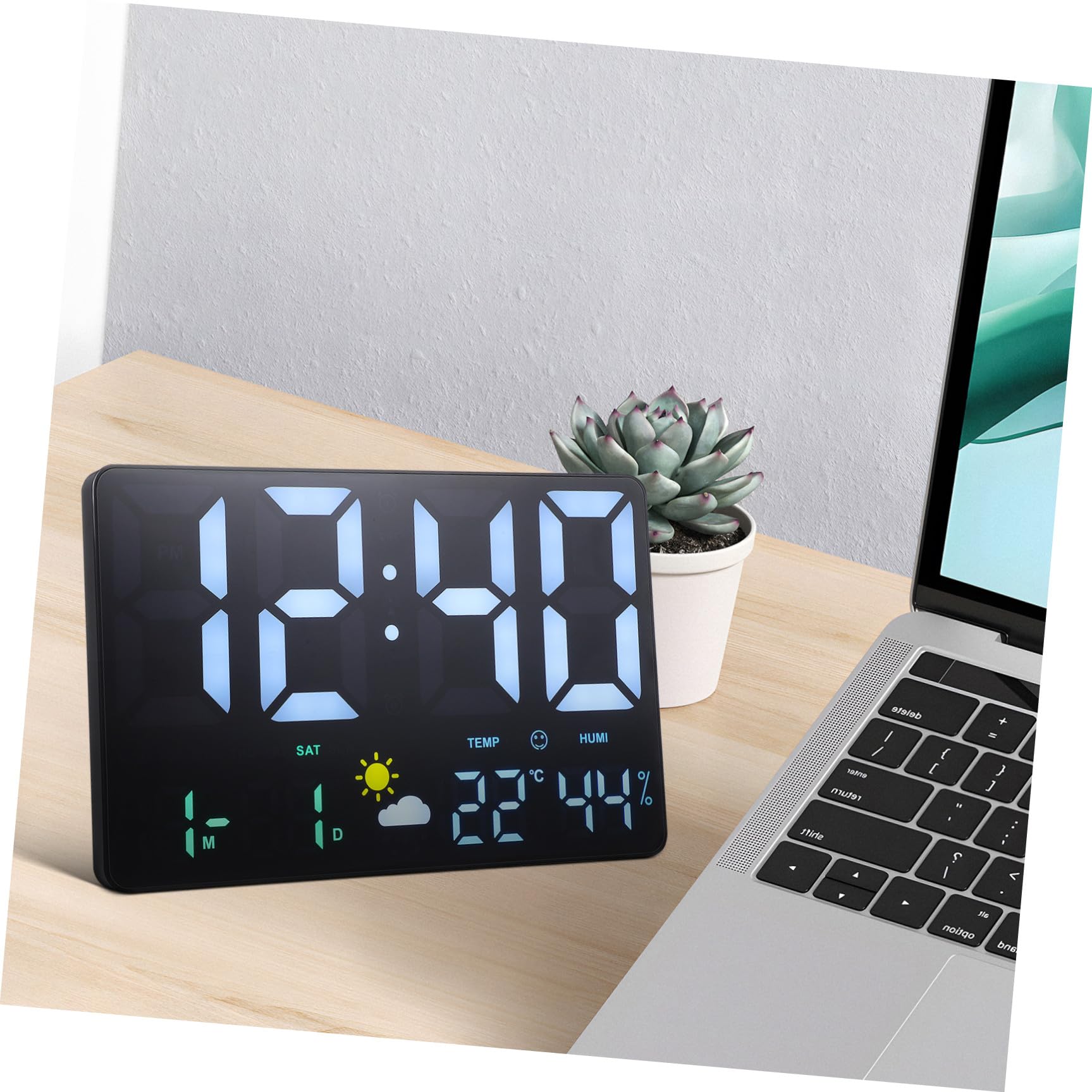 BESPORTBLE Digitale Wanduhr mit LED Display aus Kunststoff Temperatur und Luftfeuchtigkeitsmessung Wetterstation für Wohnzimmer mit Mehrfarbiger Beleuchtung und Weckerfunktion