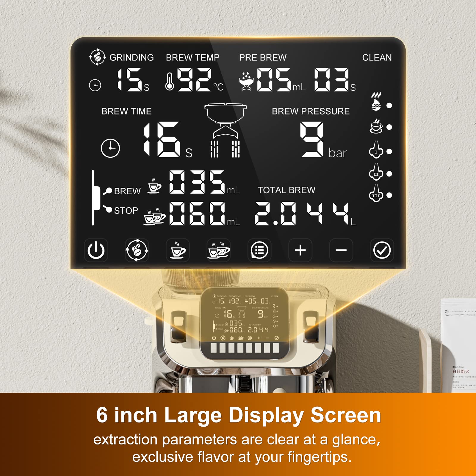 Mcilpoog Máquina espresso con espumador de leche, máquina de café semiautomática con molinillo, cafetera espresso fácil de usar con pantalla grande de 6 pulgadas, bomba de presión de 15 bares (TC520)