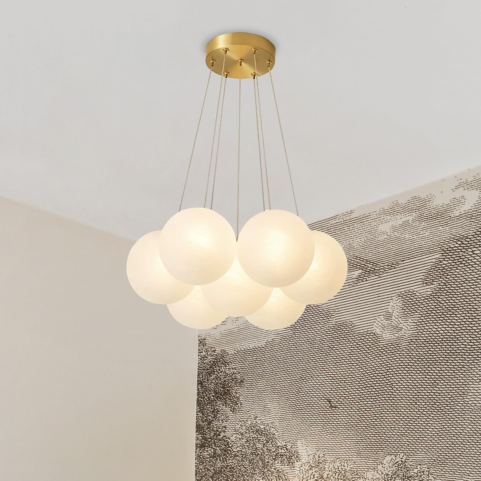 Glass Bubble Chandelier, Textured Globe Pendant Light, Brass Ceiling Canopy, Modern Chandelier for Bedroom, Nursery, Foyer (7 Lights, Bulb Included)