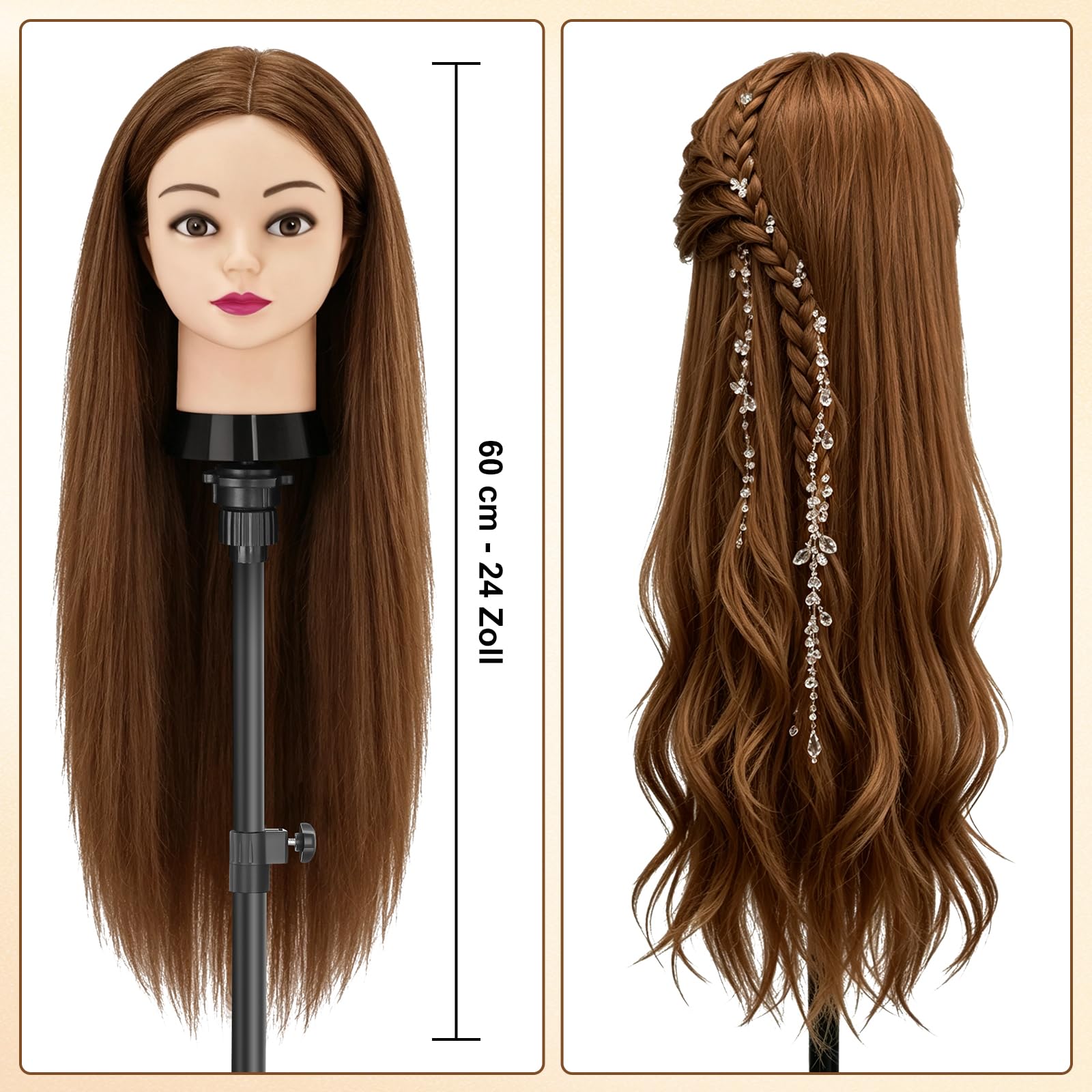 TwoWin Frisierkopf 80% Echthaar, Übungskopf 24 Zoll /60cm Friseurkopf, Trainingskopf für Friseure für Styling & Friseurpraxis mit Tischhalter + DIY Haare Frisuren Set (Braun)