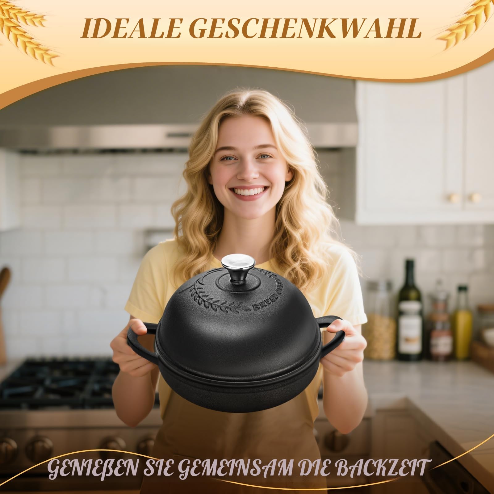 NZQXJXZ Gusseisen Topf Brot Backen 5.7L, Brotbackform mit Deckel, 26 cm Dutch Oven mit Brot Gärkorb Set, Brotbacktopf, Schmortopf Gusseisen Topf für Braten Küche Schmoren Backen