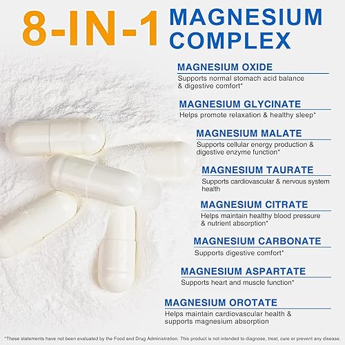 Miniatura 3 de Suplemento de complejo de magnesio 8 en 1 de 1000 mg con glicinato de magnesio, citrato y malato, apoya la relajación muscular, el sueño y la