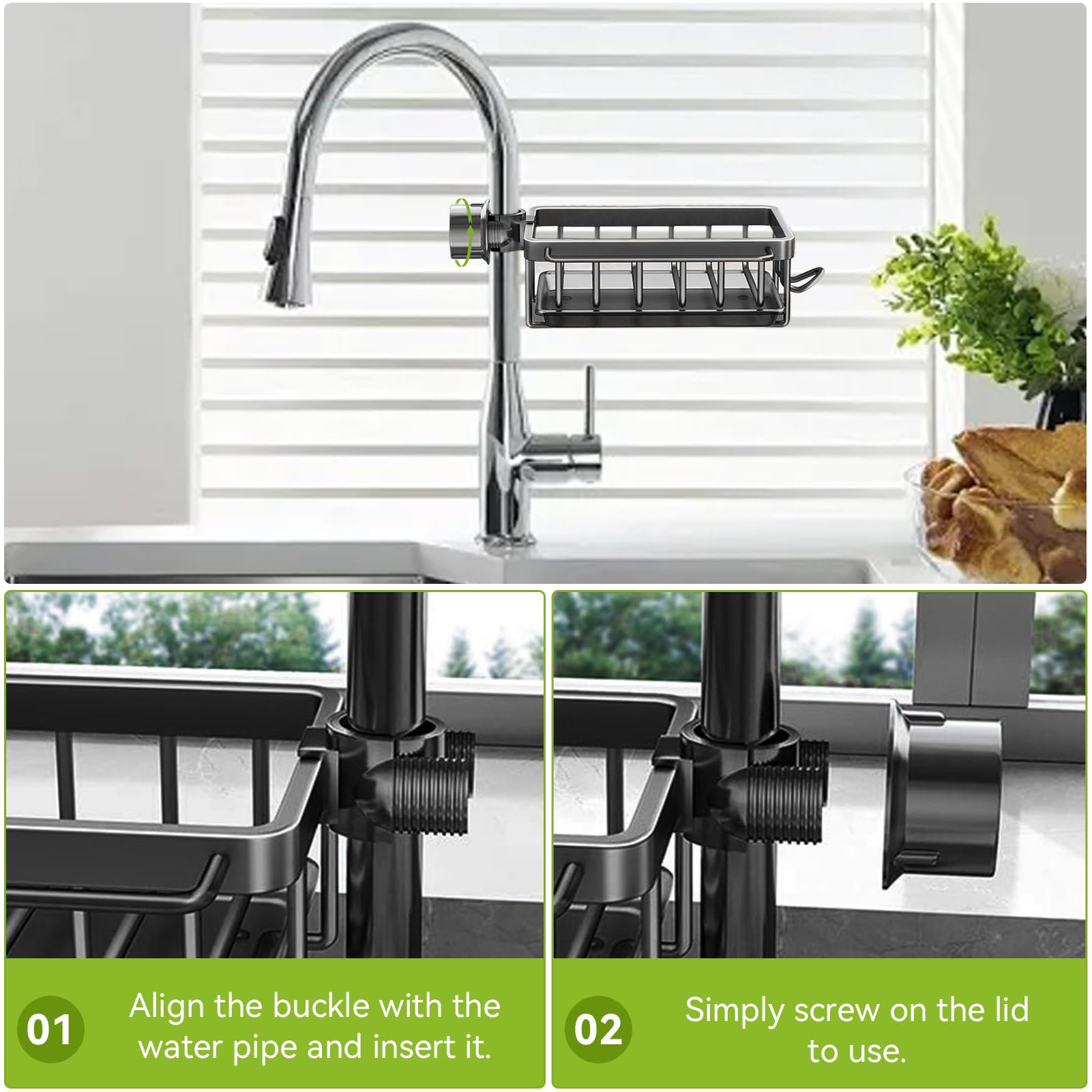 Porte-éponge Sur Robinet Pour évier De Cuisine - Support Suspendu Avec égouttoir, Aluminium Et Plastique, Installation Facile Sans Outil